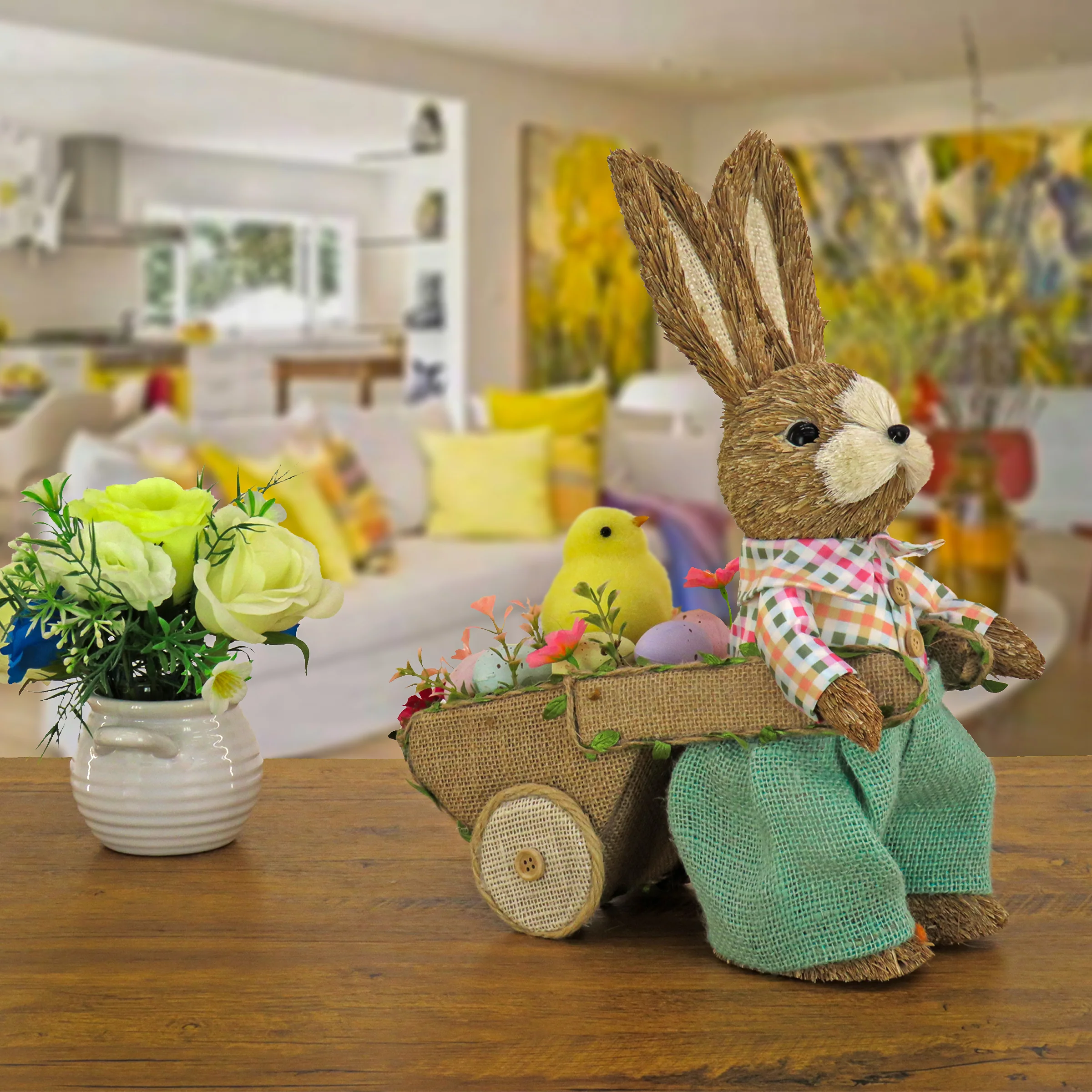 14 in. Easter Bunny Pulling Wagon Table Decoration Decorated with Pastel Eggs and Chick - Image 2