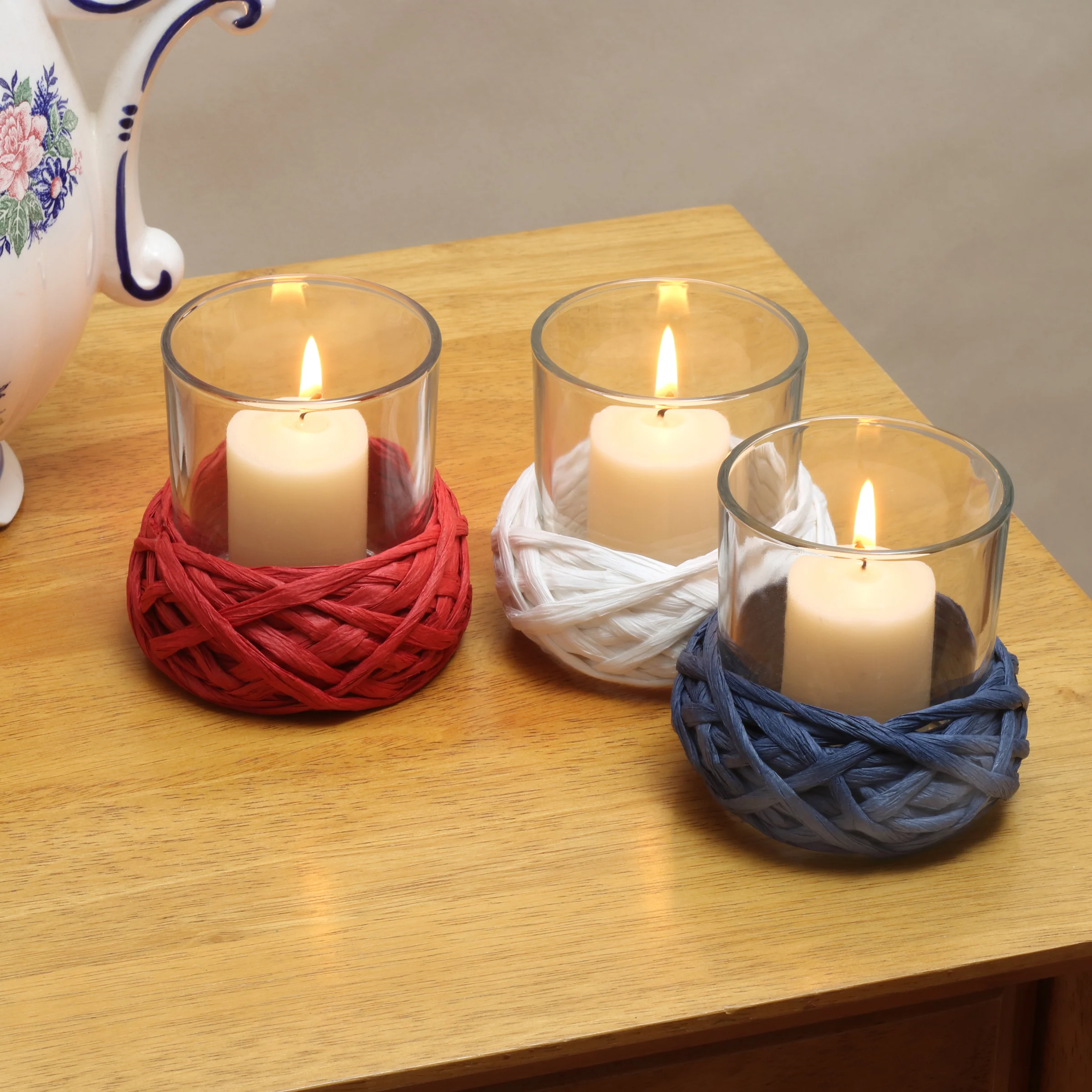 3.5 in. 3-Piece Patriotic Candleholders Decorated with Red White and Blue Thread - Image 2