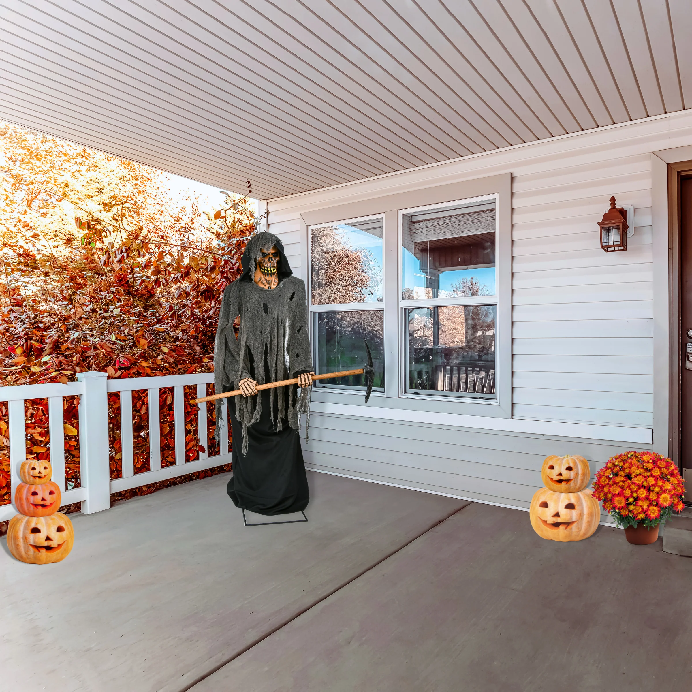 67 in. Pre-Lit Halloween Sound Activated Animated Grave Digger Skeleton - Image 2