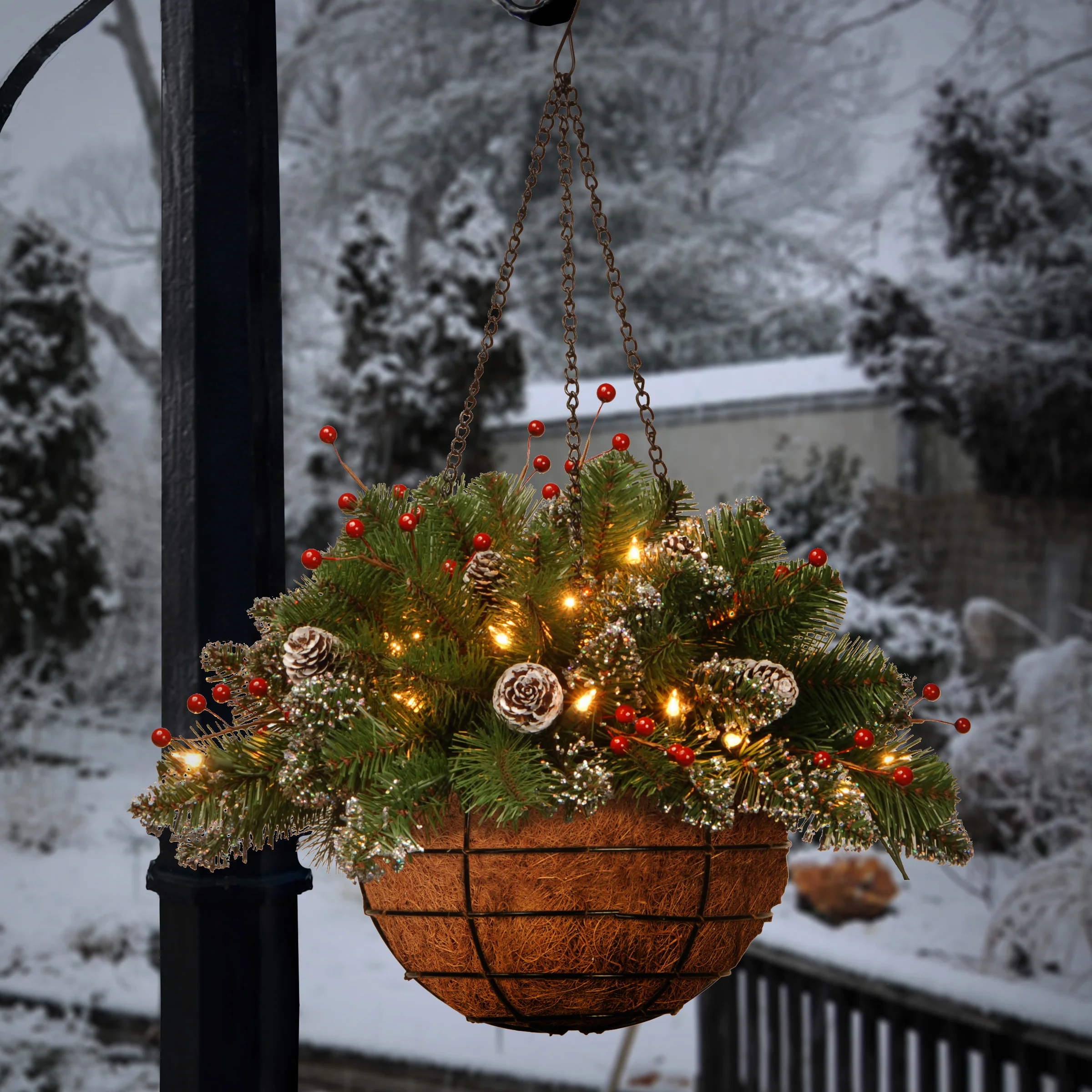 20 in. Pre-Lit Glittery Mountain Spruce Hanging Basket with LED Lights - Image 2