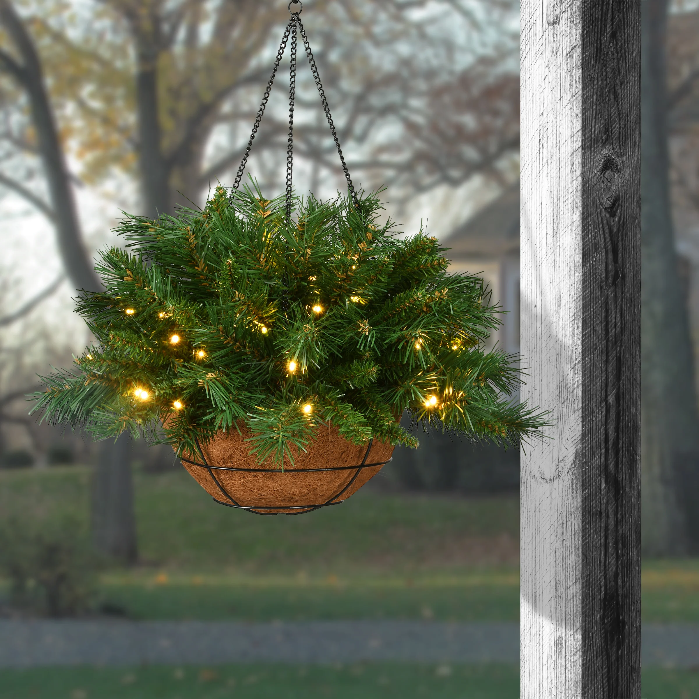20 in. Pre-Lit Tiffany Fir Hanging Basket with Warm White LED Lights - Image 2