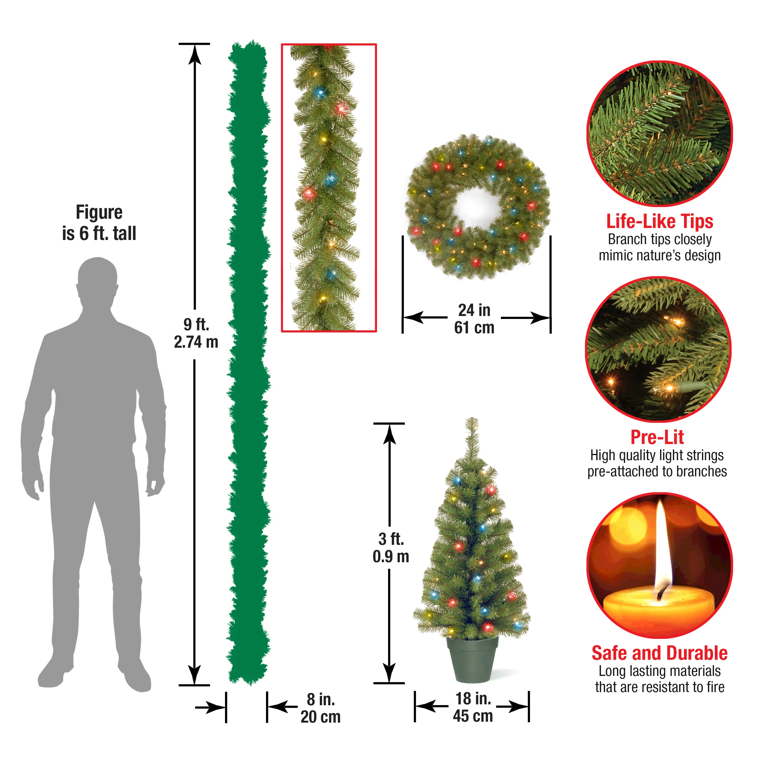 Pre-Lit Promotional Green Assortment Set of 2 Entrance Trees, 1 Wreath, 1 Garland - Image 5