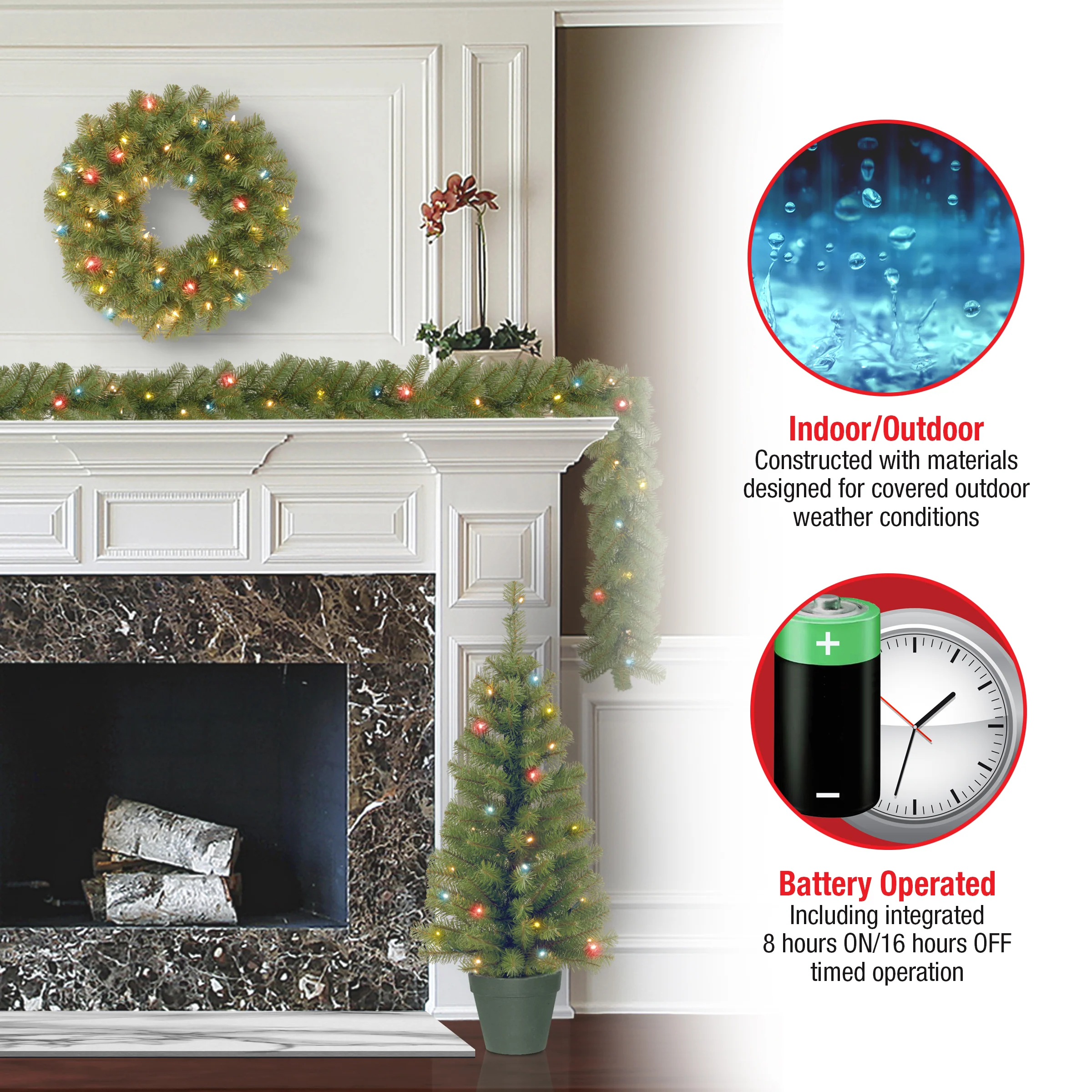 Pre-Lit Promotional Green Assortment Set of 2 Entrance Trees, 1 Wreath, 1 Garland - Image 6