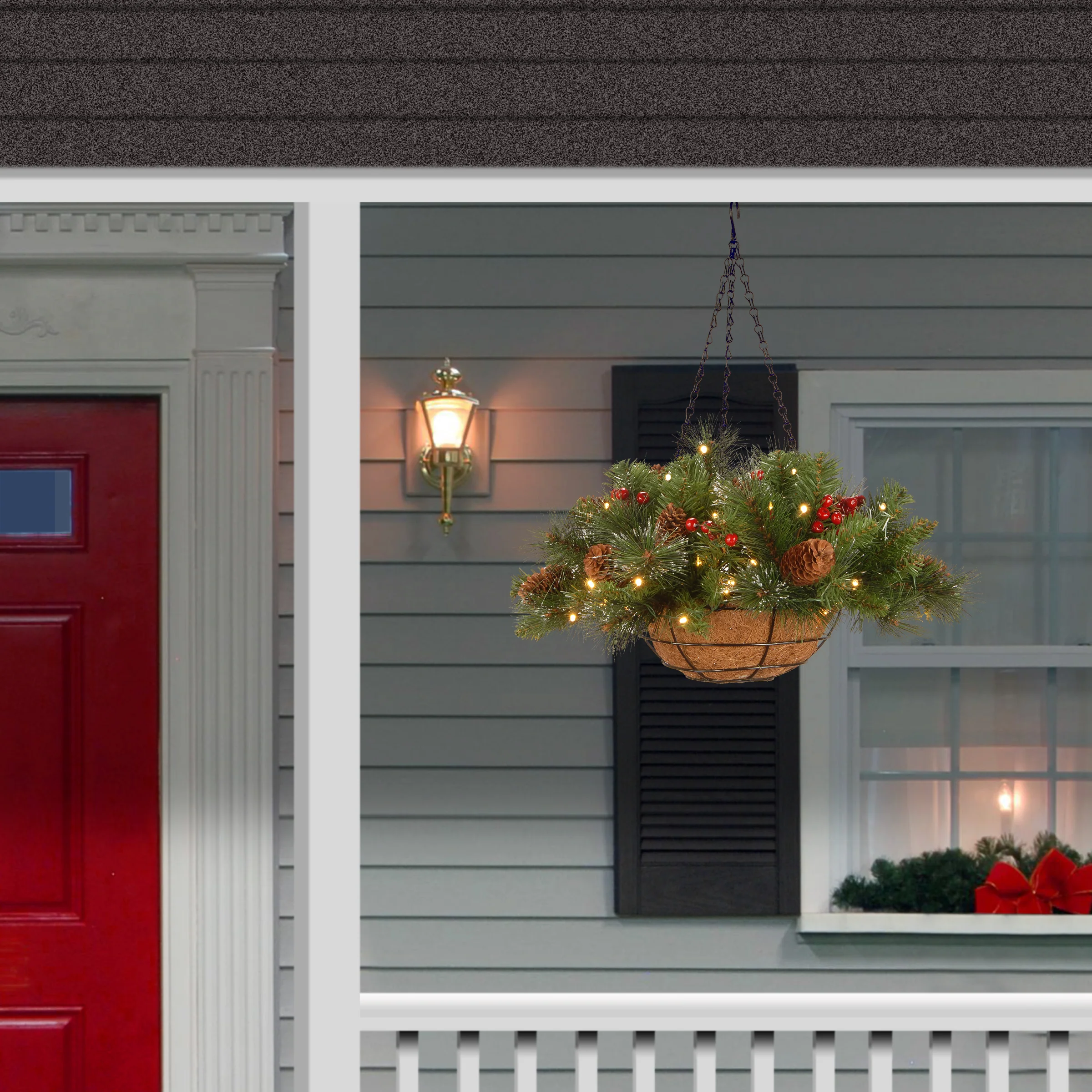 16 in. Pre-Lit Crestwood Spruce Hanging Basket with LED Lights - Image 2
