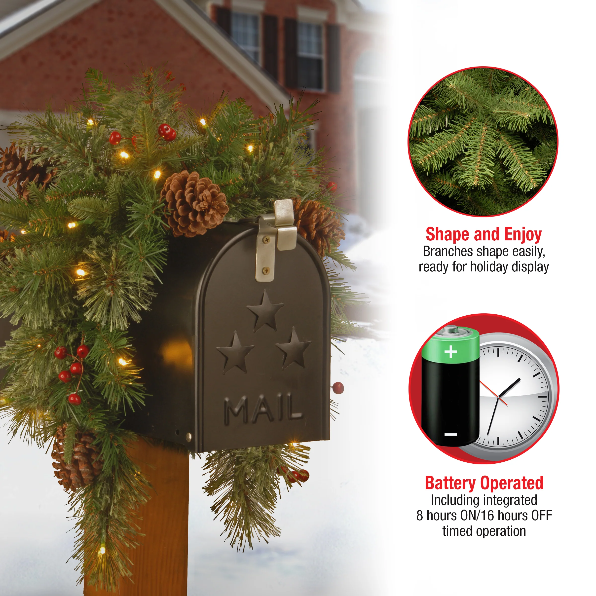 36 in. Pre-Lit Colonial Fir Mailbox Swag with LED Lights - Image 6