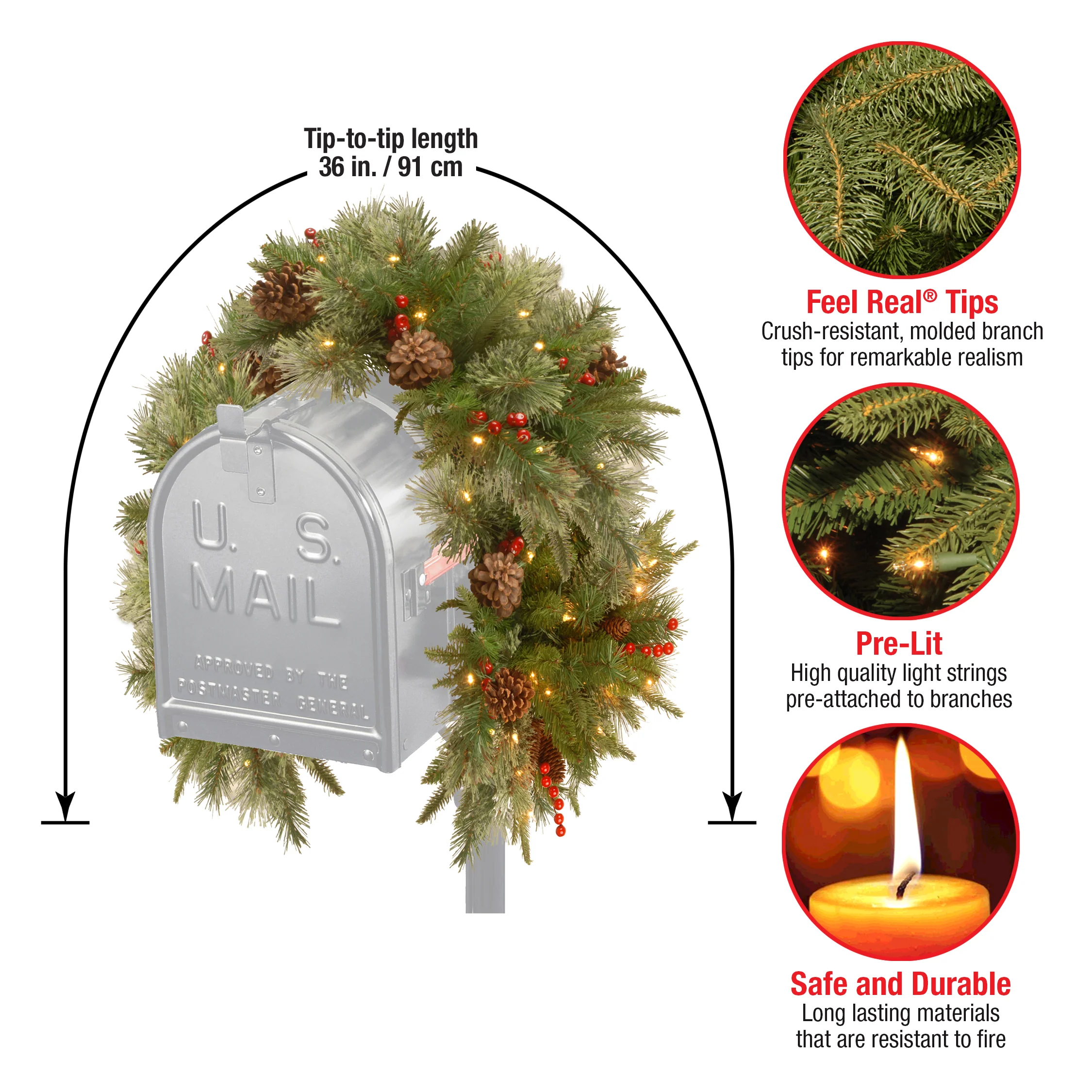 36 in. Pre-Lit Colonial Fir Mailbox Swag with LED Lights - Image 7