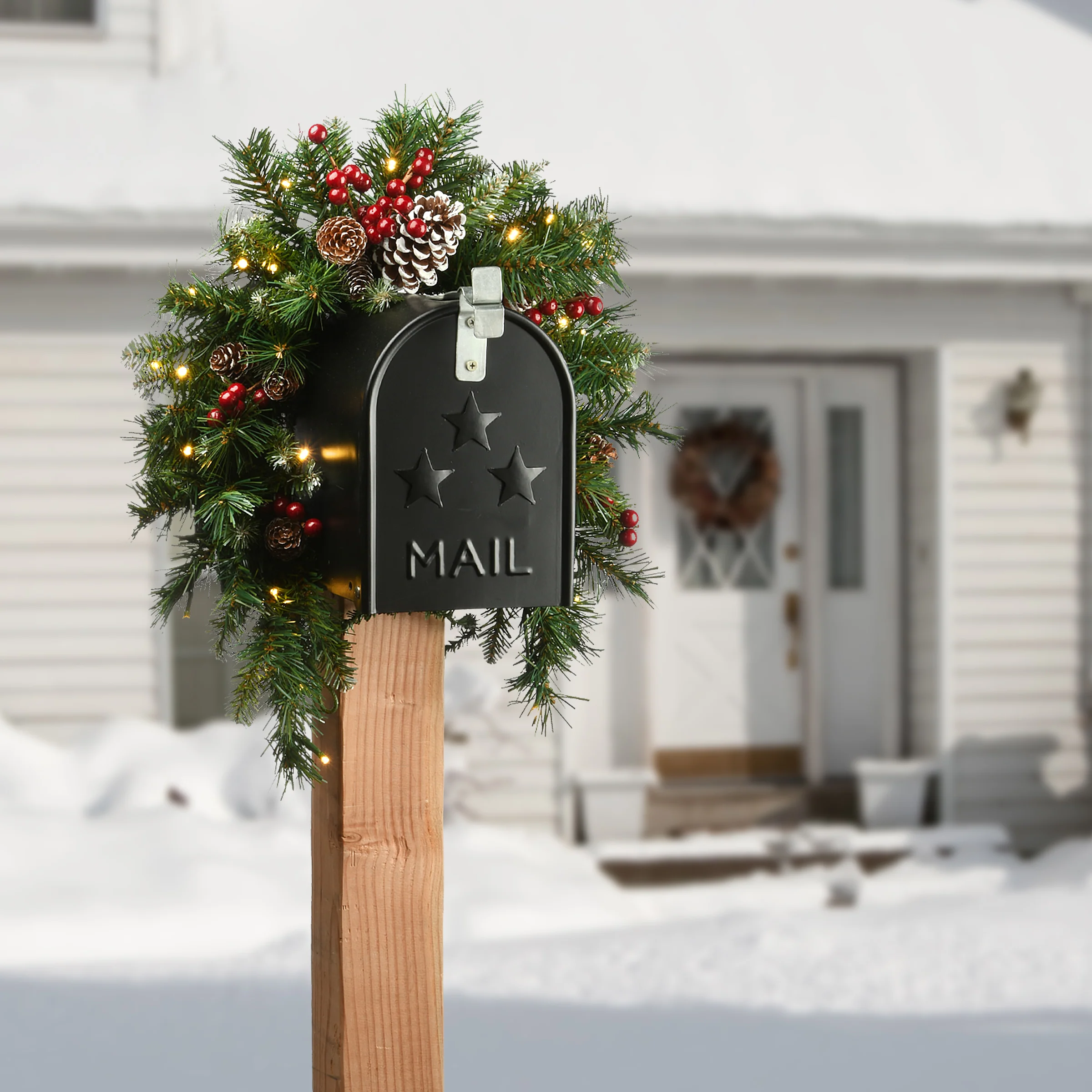 36 in. Pre-Lit Frosted Berry Mailbox Swag with LED Lights - Image 2