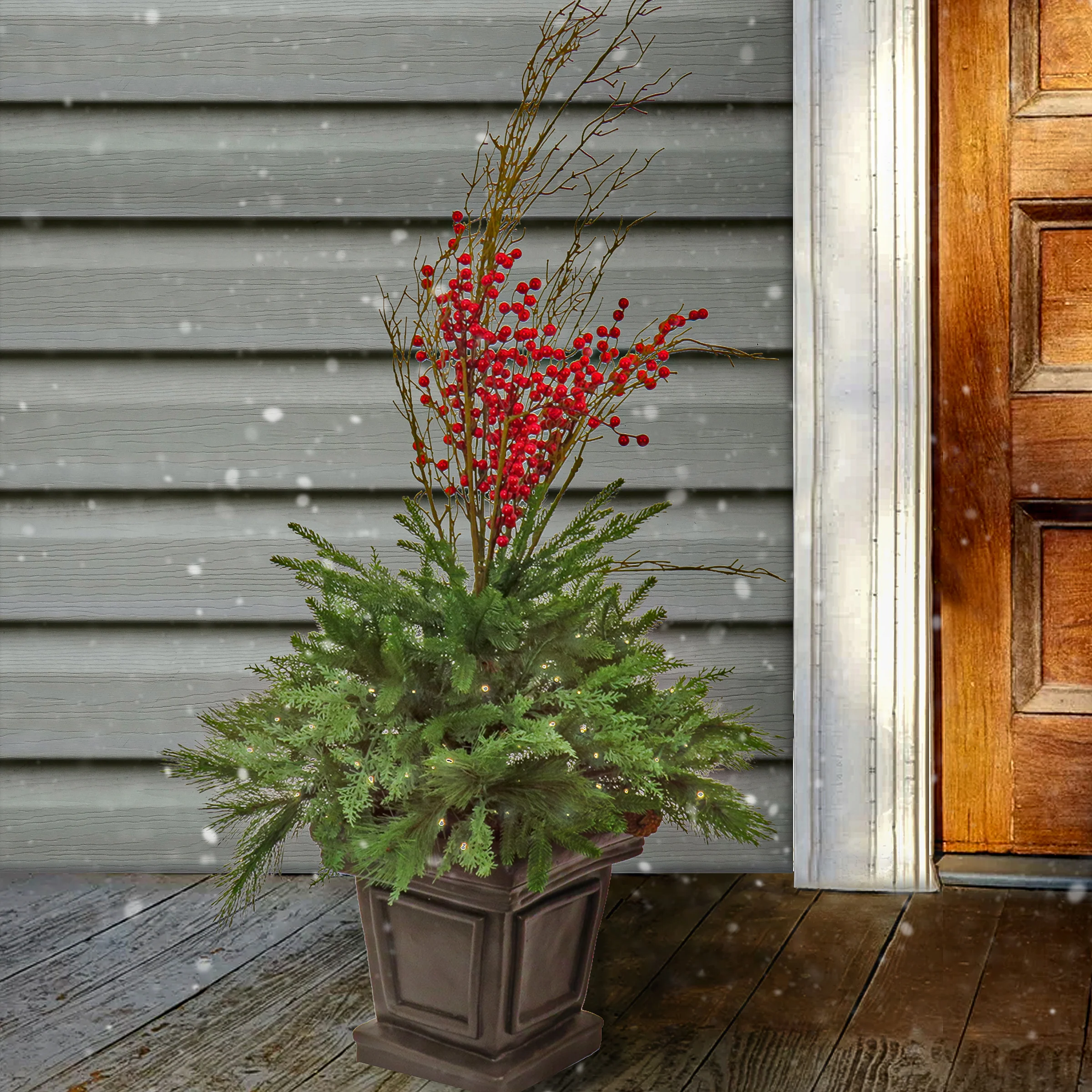48 in. Pre Lit Evergreen Artificial Shrub with Red Berries, Pine Cones, LED Lights - Image 2