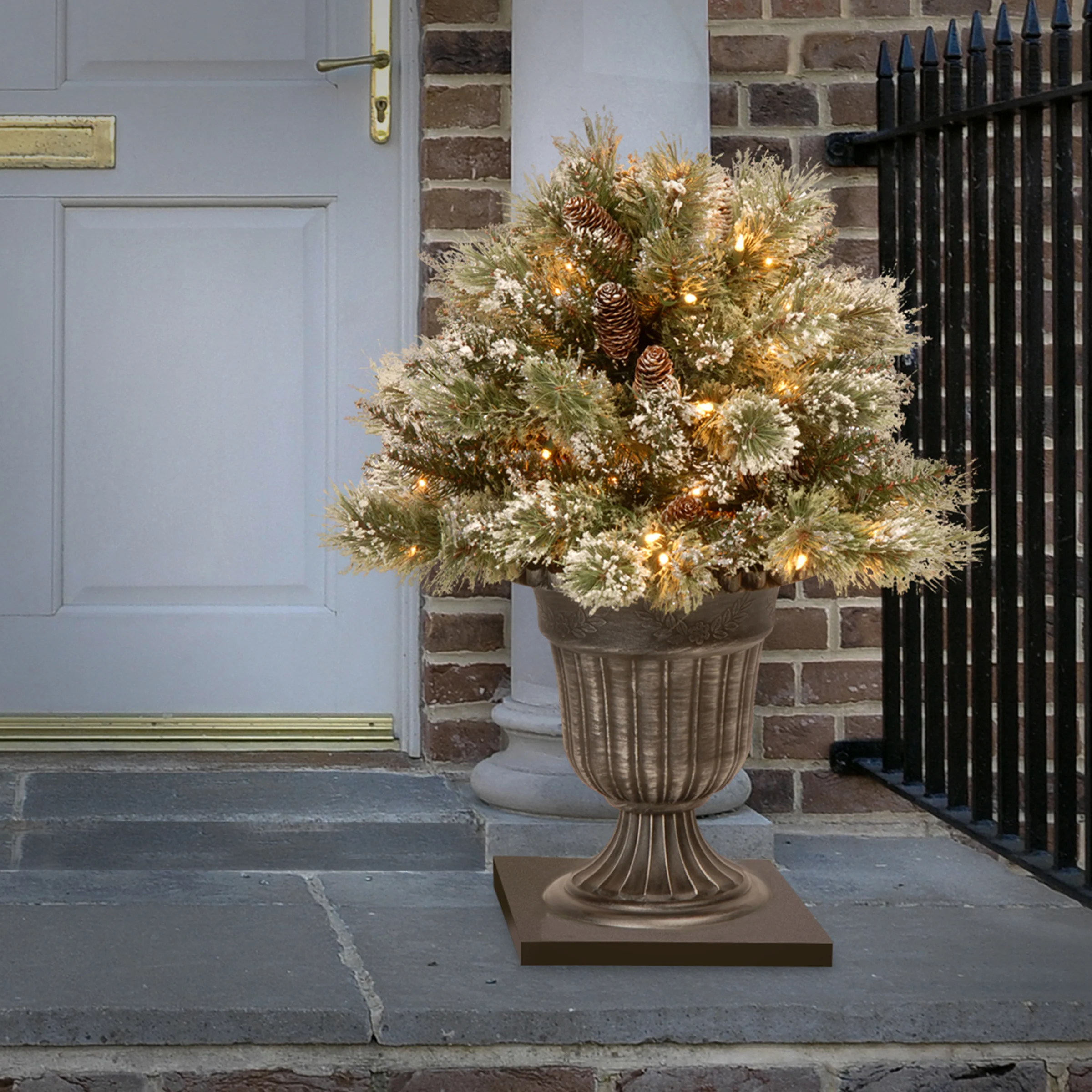 24 in. Pre-Lit Glittery Bristle Pine Porch Bush with Twinkly LED Lights, Plug-In - Image 2