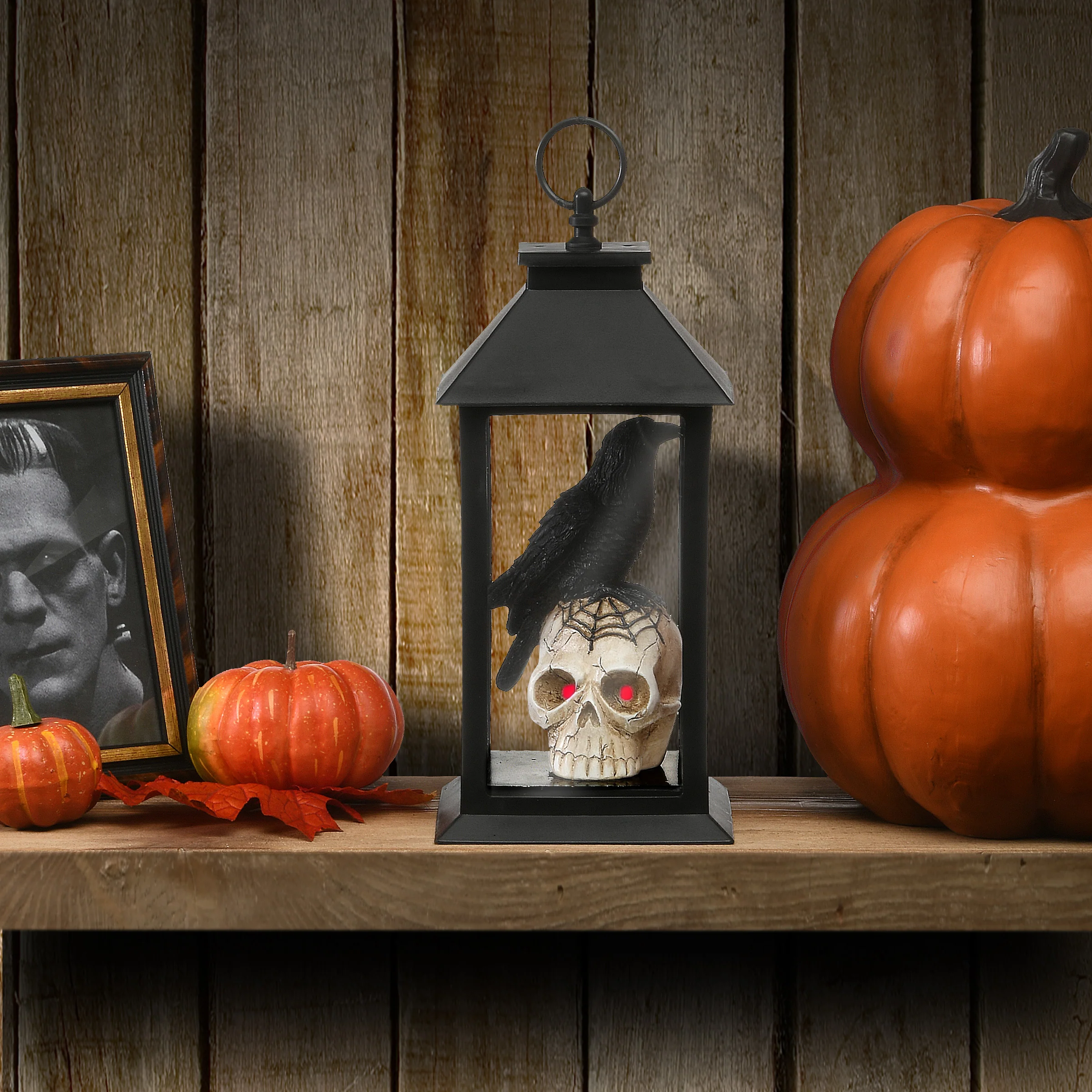 11 in. Pre-Lit Halloween Crow and Skull Lantern Decoration with LED Lights - Image 2
