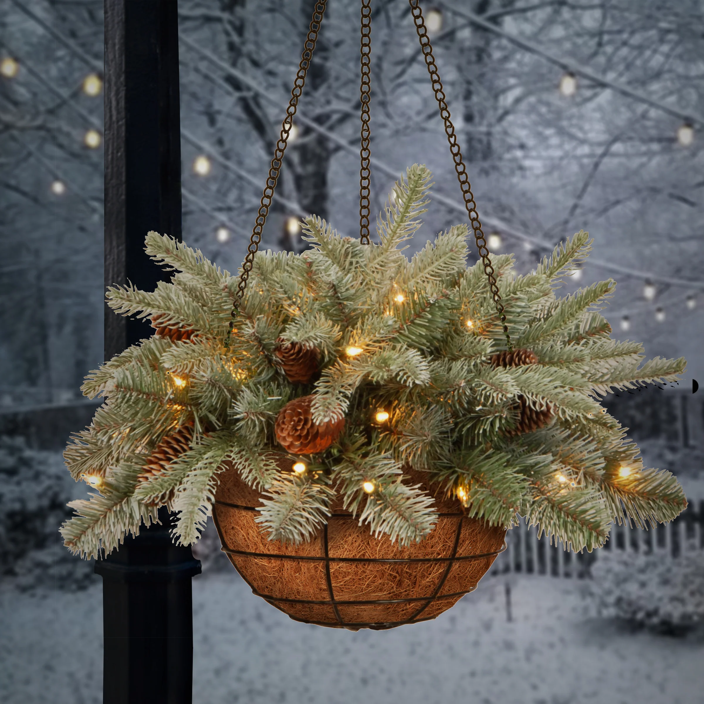 20 in. Pre-Lit Frosted Arctic Spruce Hanging Basket with Warm White LED Lights - Image 2