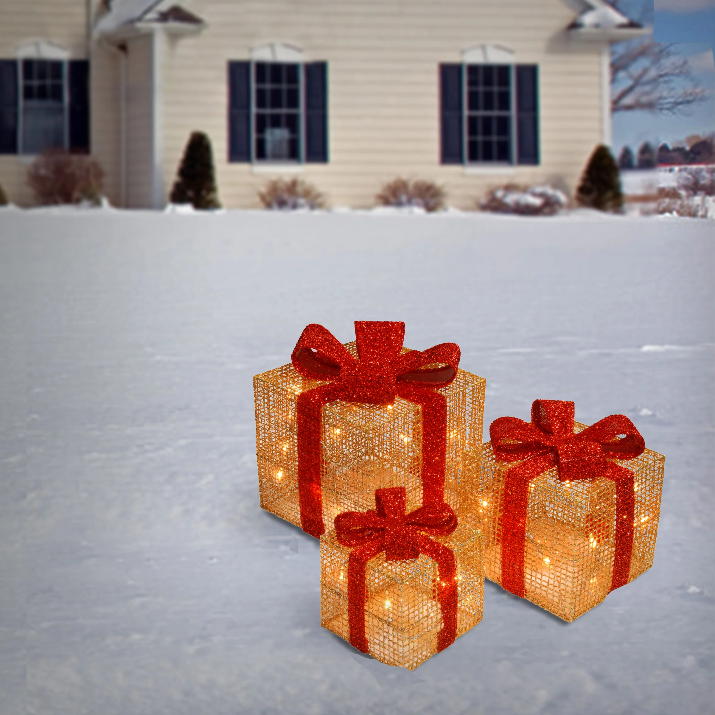 Pre-Lit Gold Gift Boxes, Set of Three, 35 White Lights, Plug-In - Image 2