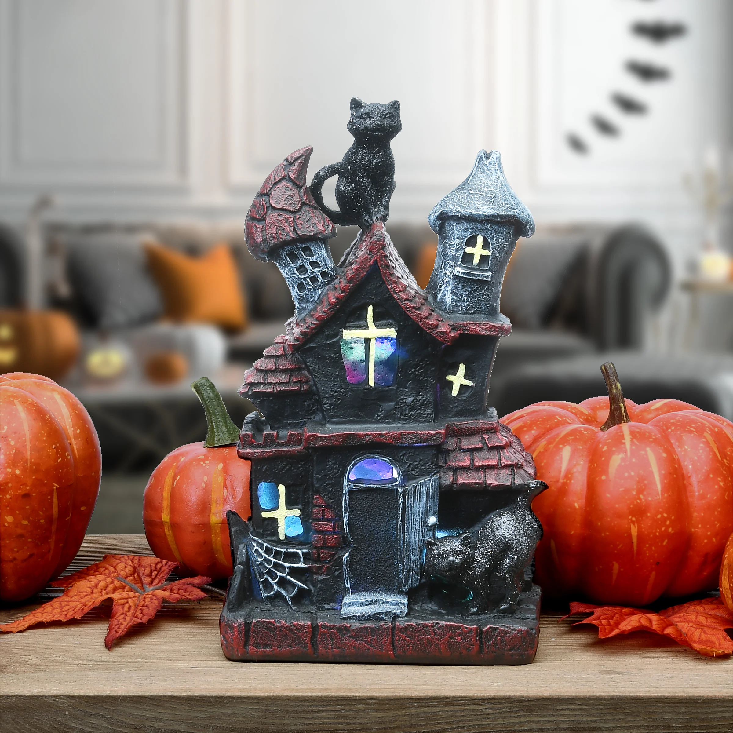 7 in. Halloween Pre-Lit Black Haunted House Decoration with LED Lights - Image 2
