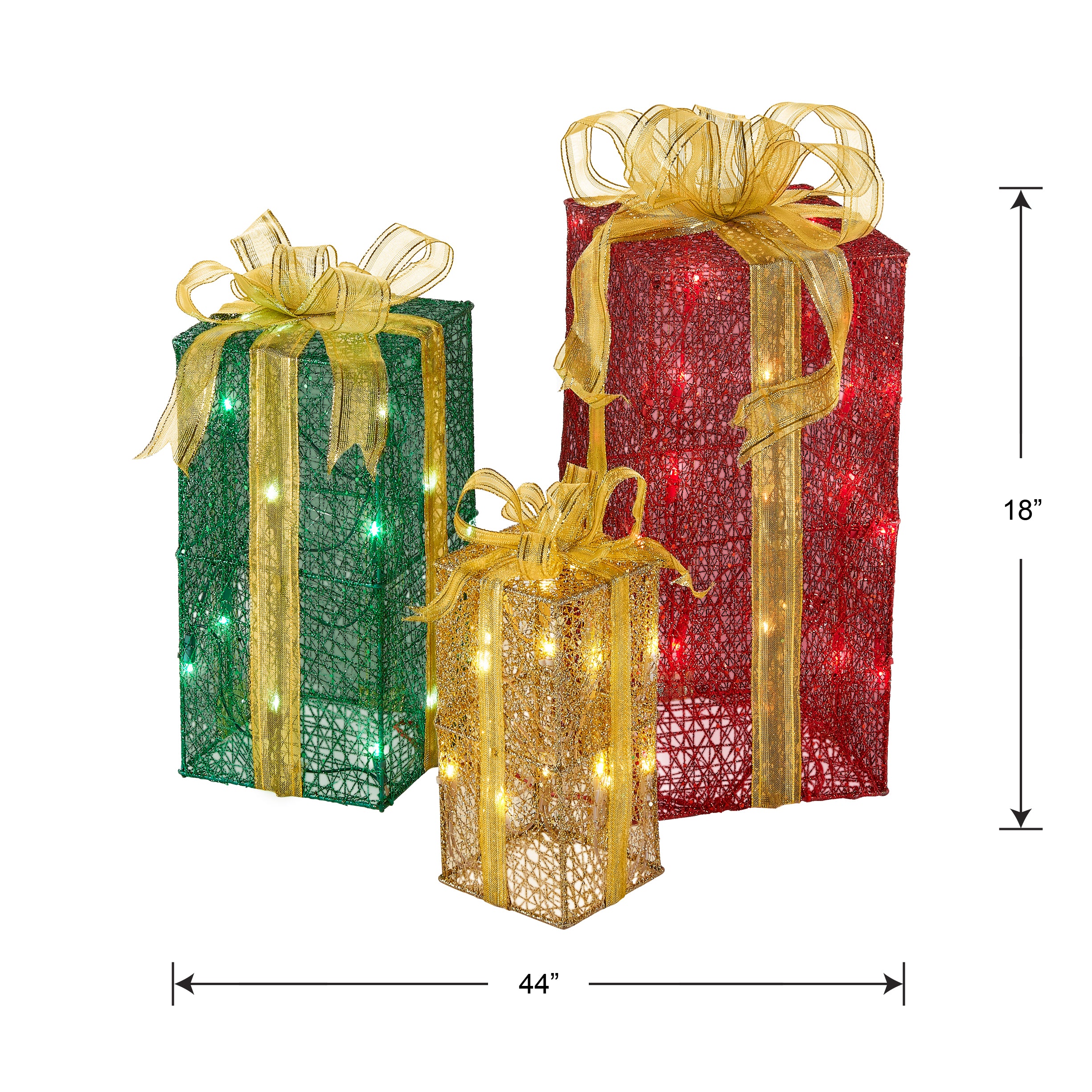 Pre-Lit Multicolor Gift Boxes, Set of Three, White Lights, Plug-In - Image 3