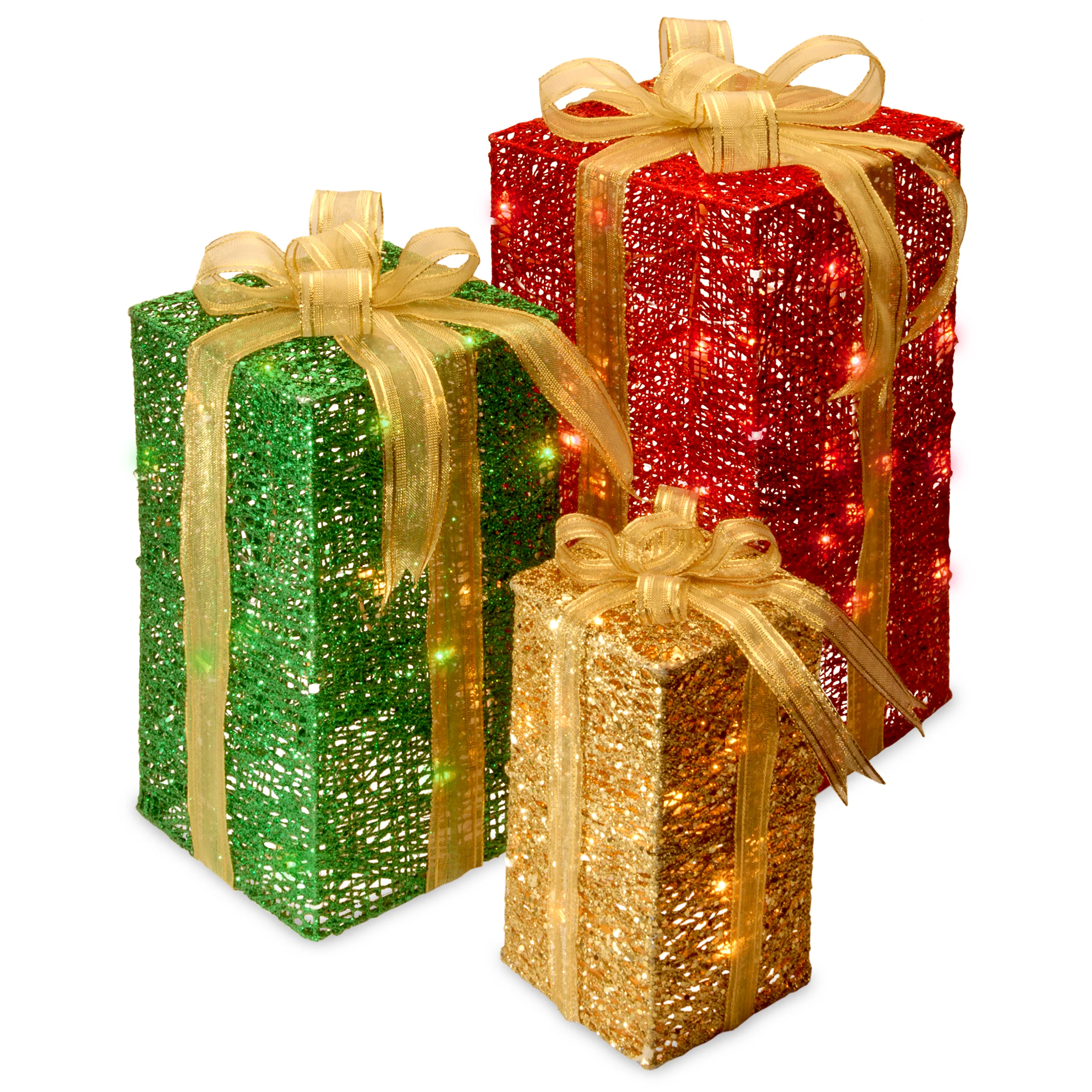 Pre-Lit Multicolor Gift Boxes, Set of Three, White Lights, Plug-In - Image 4