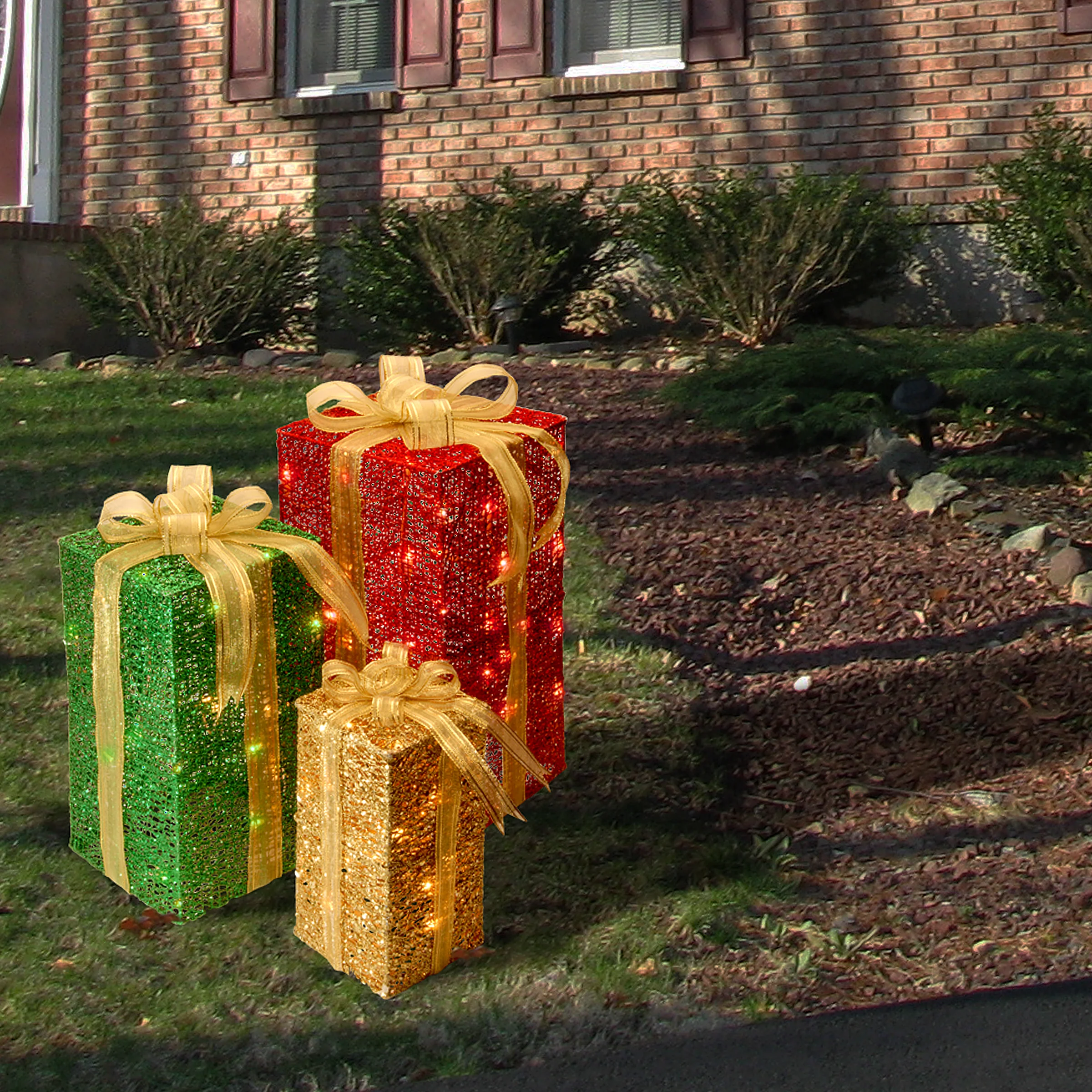 Pre-Lit Multicolor Gift Boxes, Set of Three, White Lights, Plug-In - Image 5