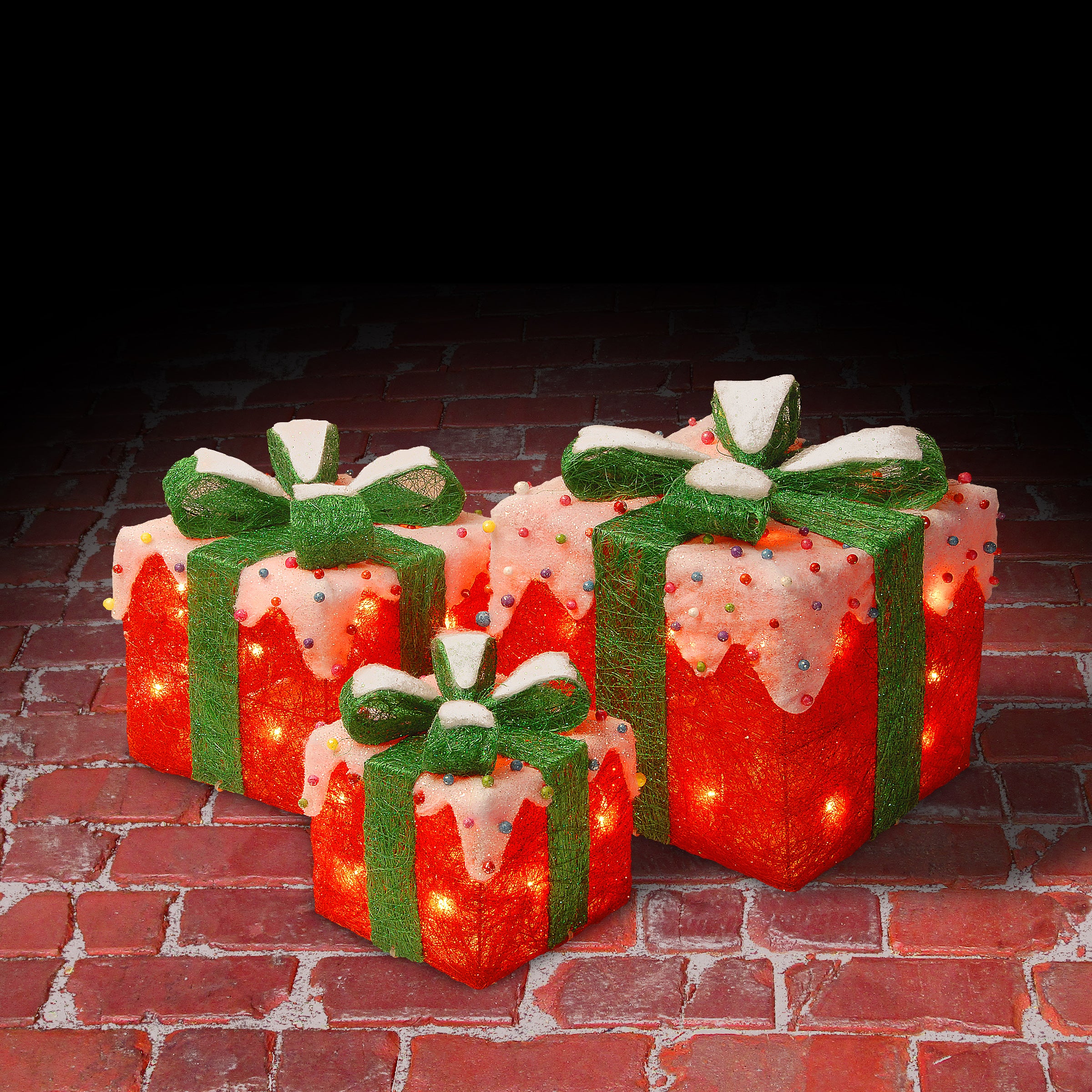 Pre-Lit Red and White Gift Boxes, Set of Three, White Lights, Plug-In - Image 2
