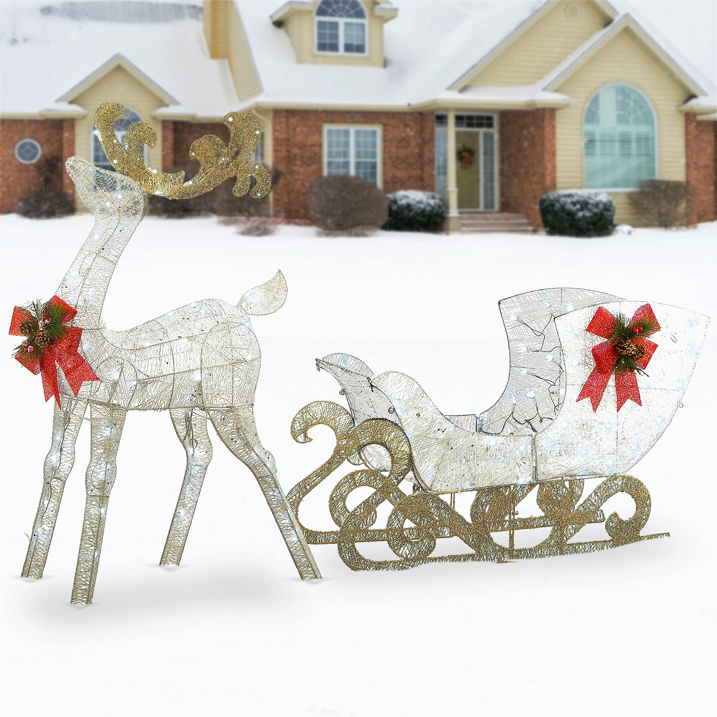 48 in. Pre Lit Sisal Reindeer and Sleigh Decoration with Cool White LED Lights, Plug-In - Image 2