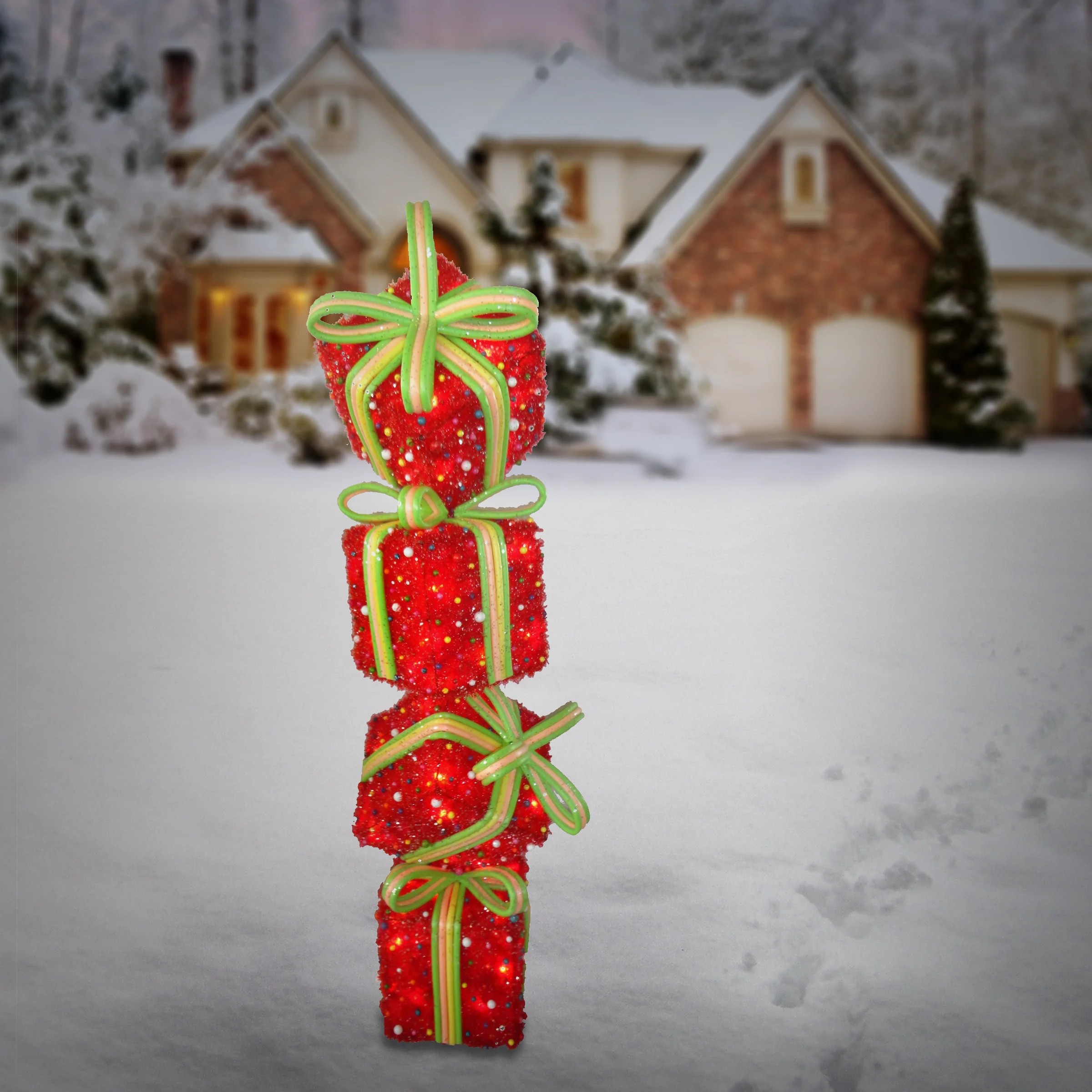 34 in. Pre-Lit Stack of Red Gift Boxes Decoration, White Lights - Image 2