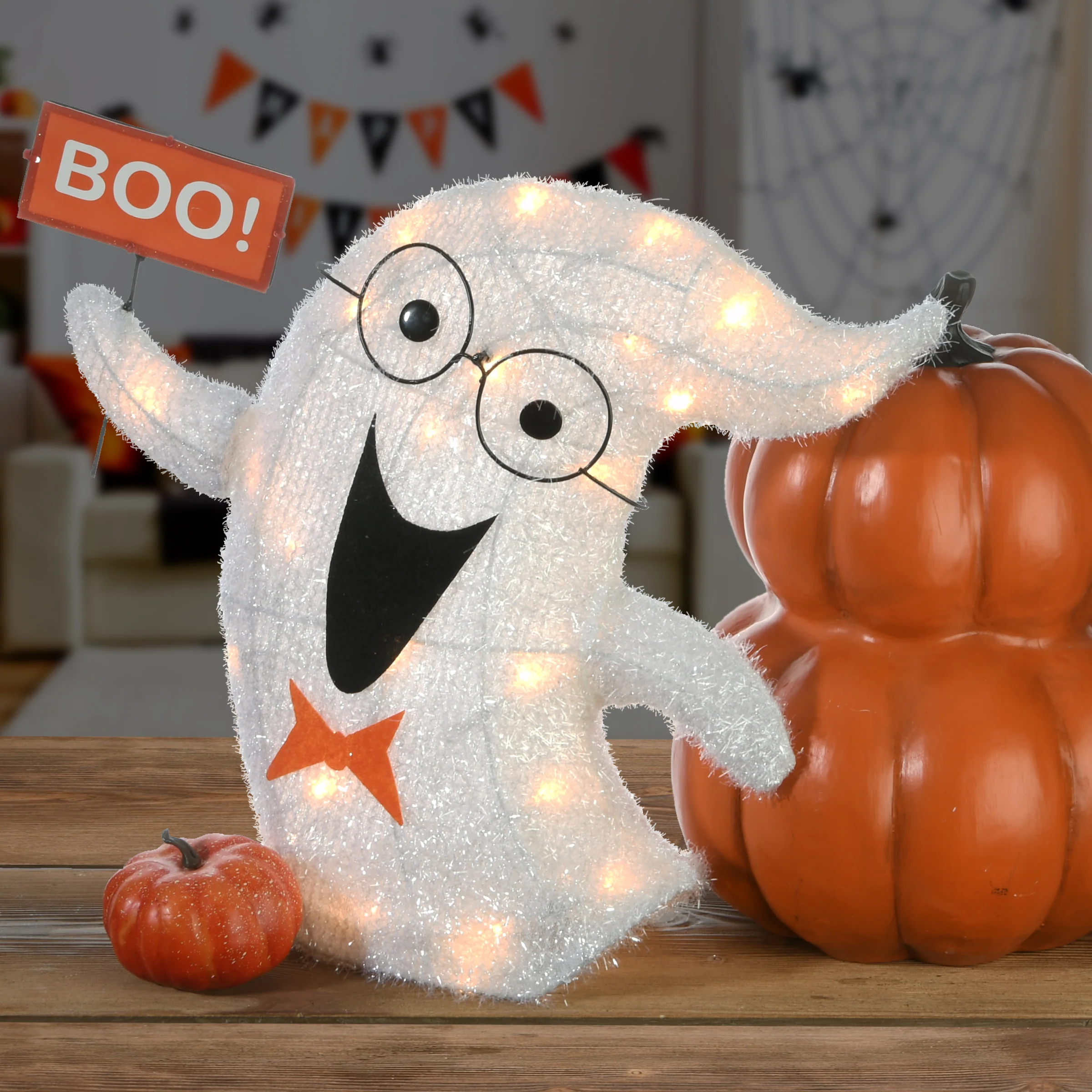 National Tree Company Pre-Lit White Ghost Holding BOO Sign Outdoor Decoration, LED Lights, Halloween Collection, 18 Inches - Image 2
