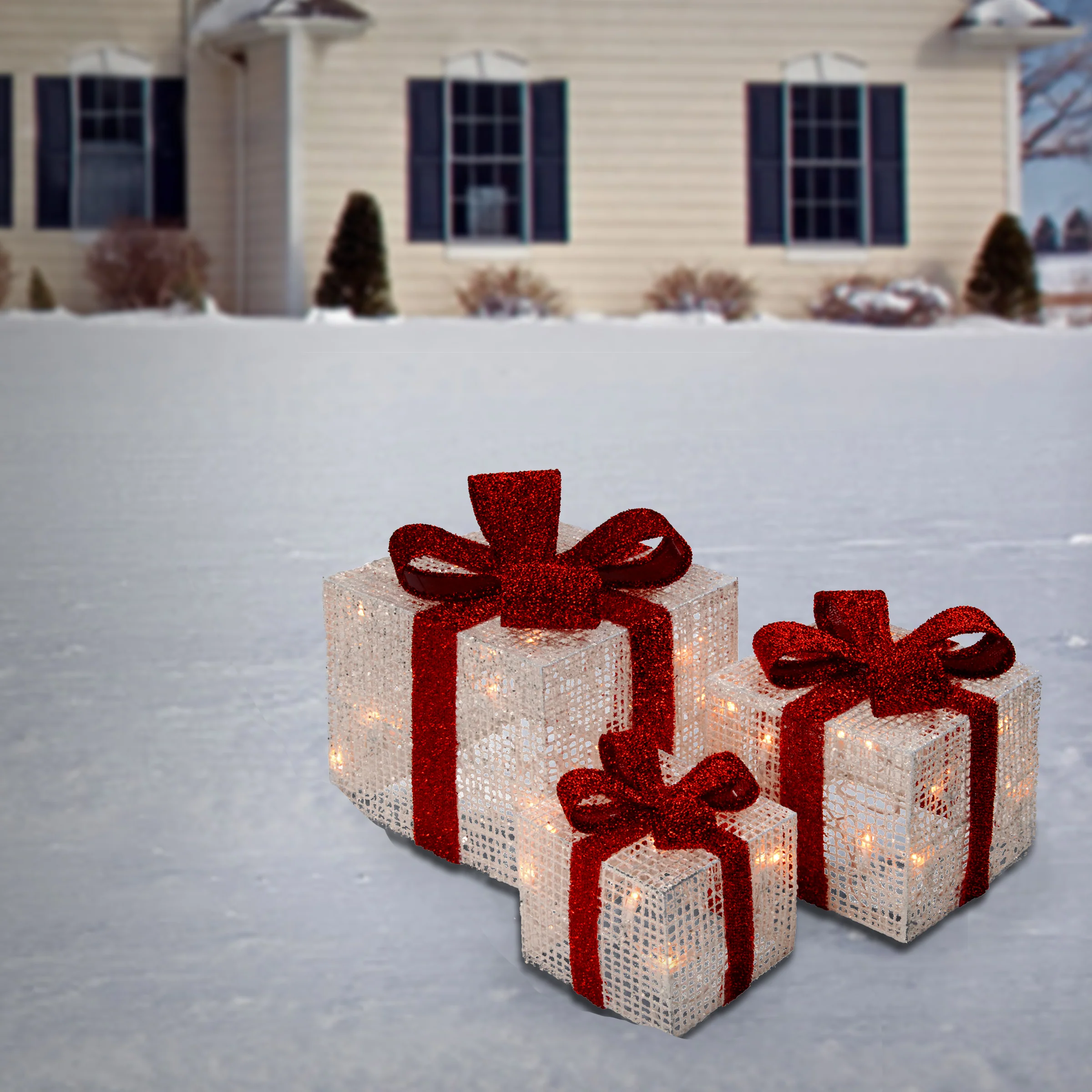 Pre-Lit White Gift Boxes, Set of Three, White Lights, Plug-In - Image 2
