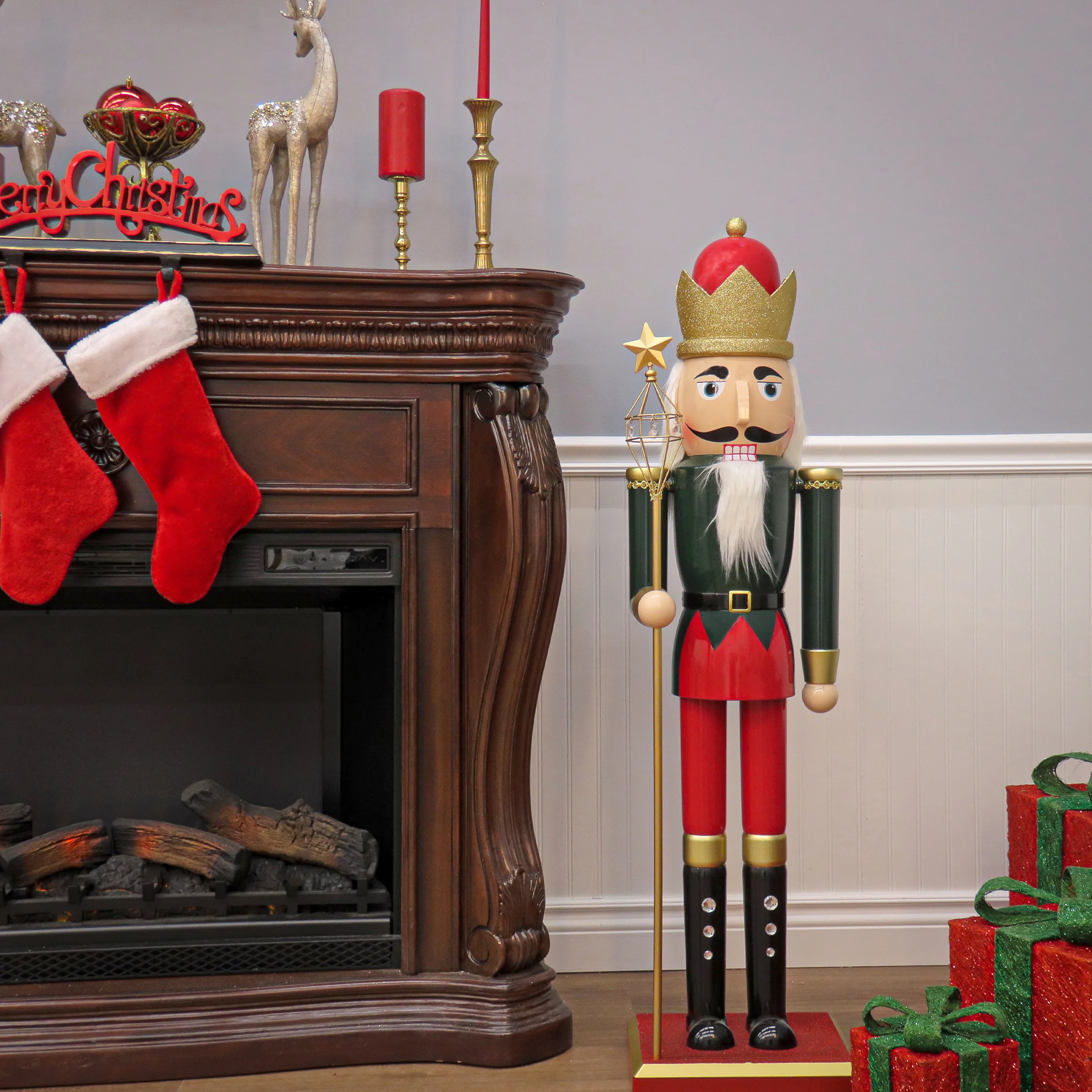 48 in. Red and Gold Christmas Nutcracker with Glittered Gold Crown Helmet - Image 2