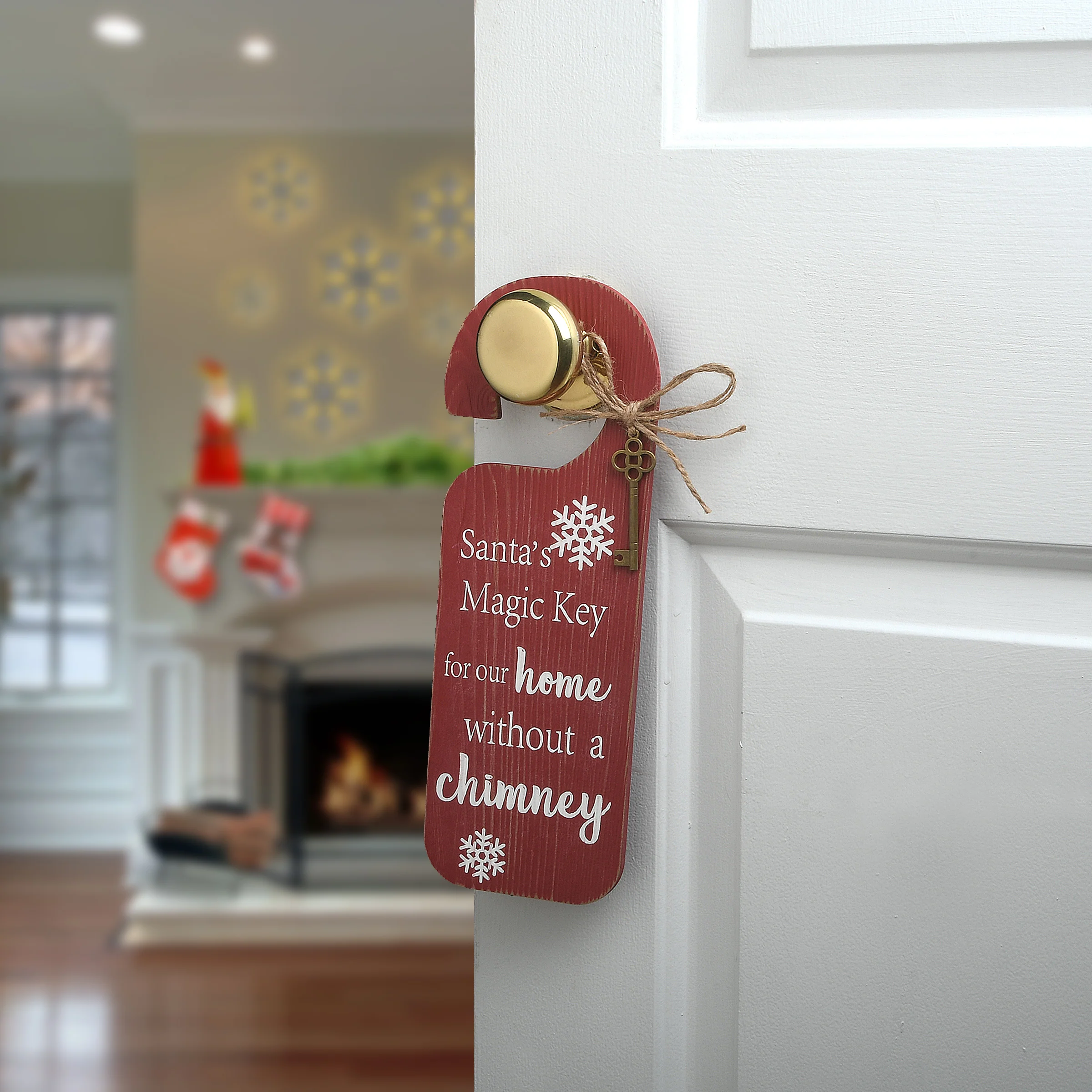 12 in. Santa's Key Doorknob Christmas Sign, Red with White Lettering and Decorative Ornate Key, Snowflakes - Image 2
