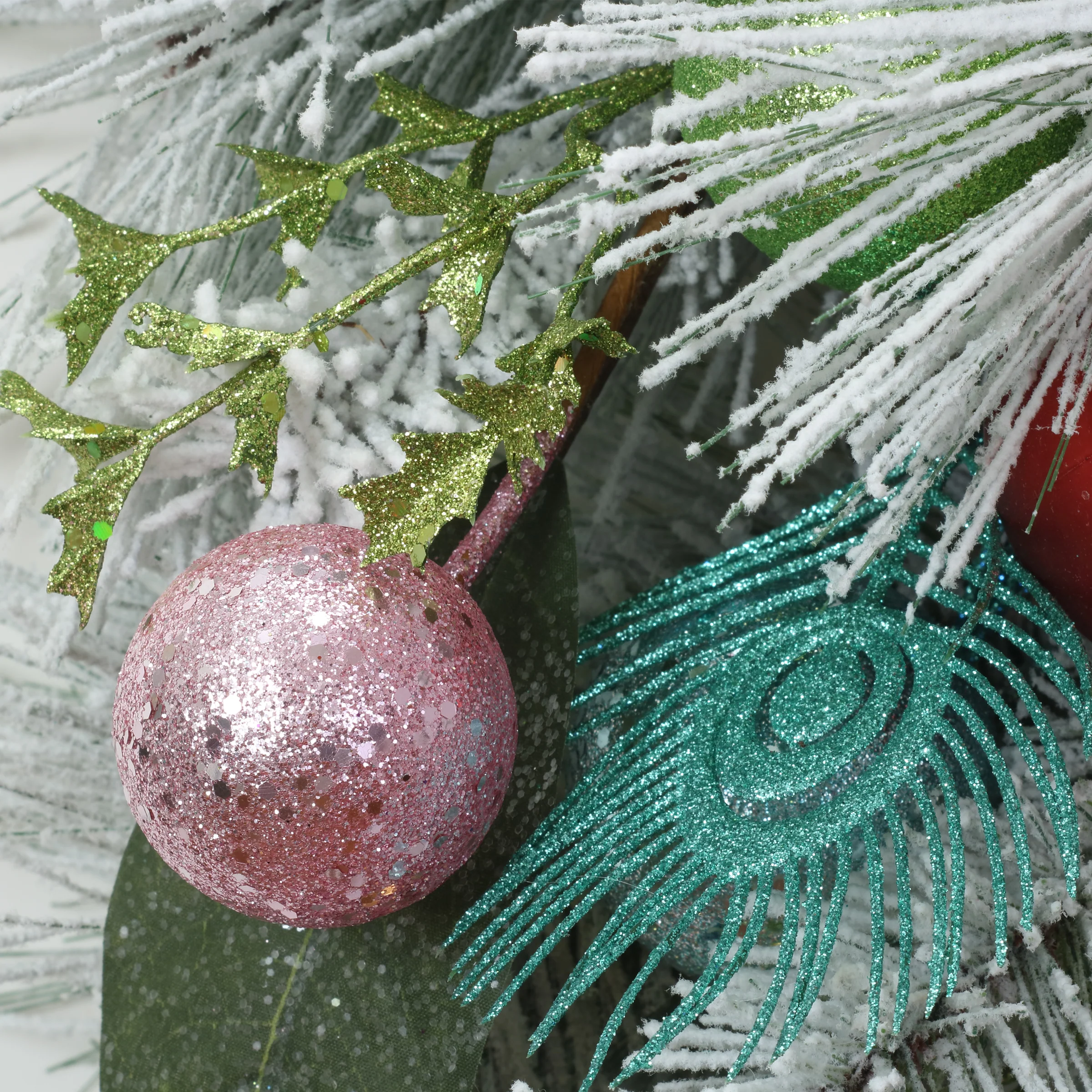 33 in. Snowy Pine Decorated Teardrop with Snow Covered Branches and Ball Christmas Ornaments - Image 2