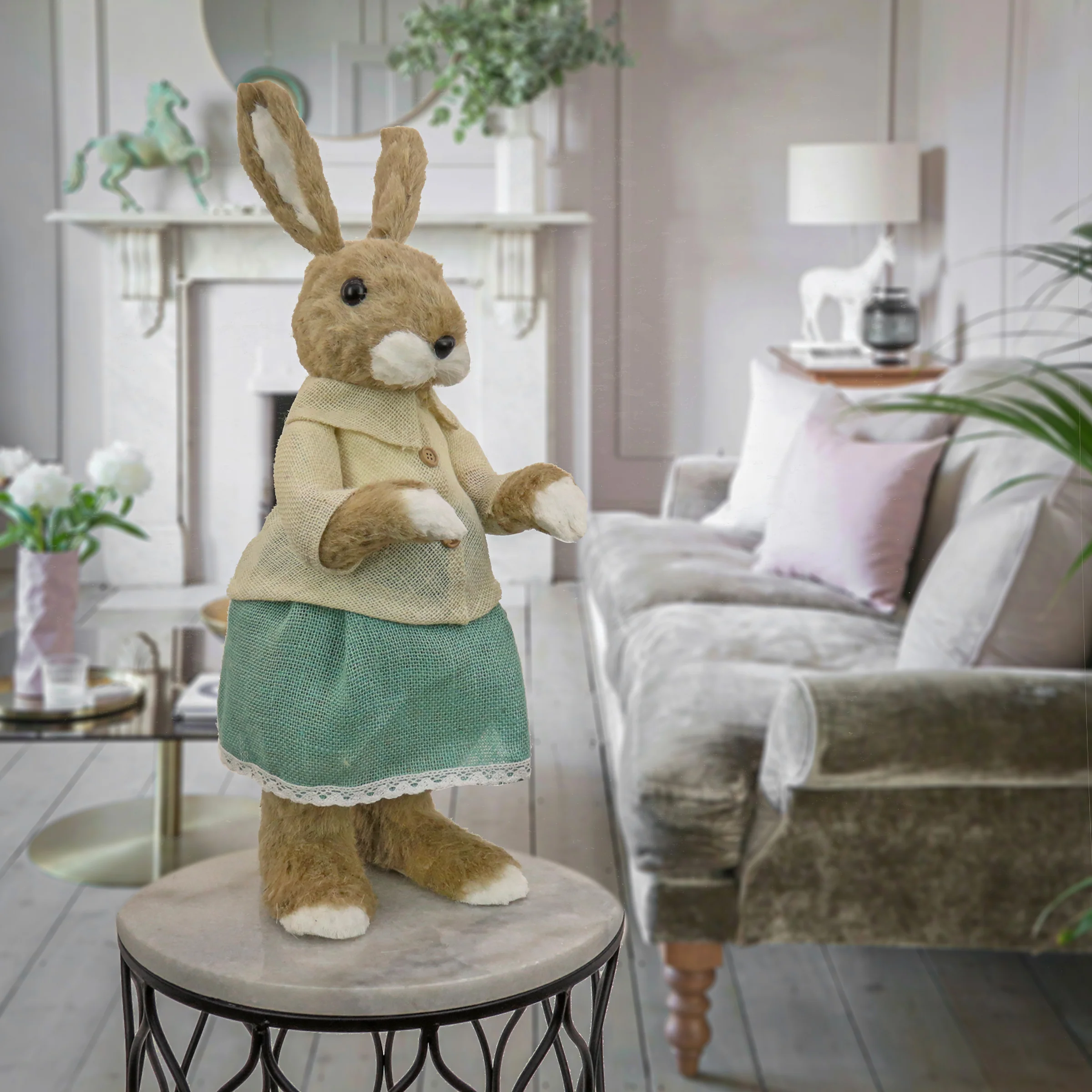 24 in. Easter Bunny Wearing Teal and Tan Dress Table Decoration - Image 2