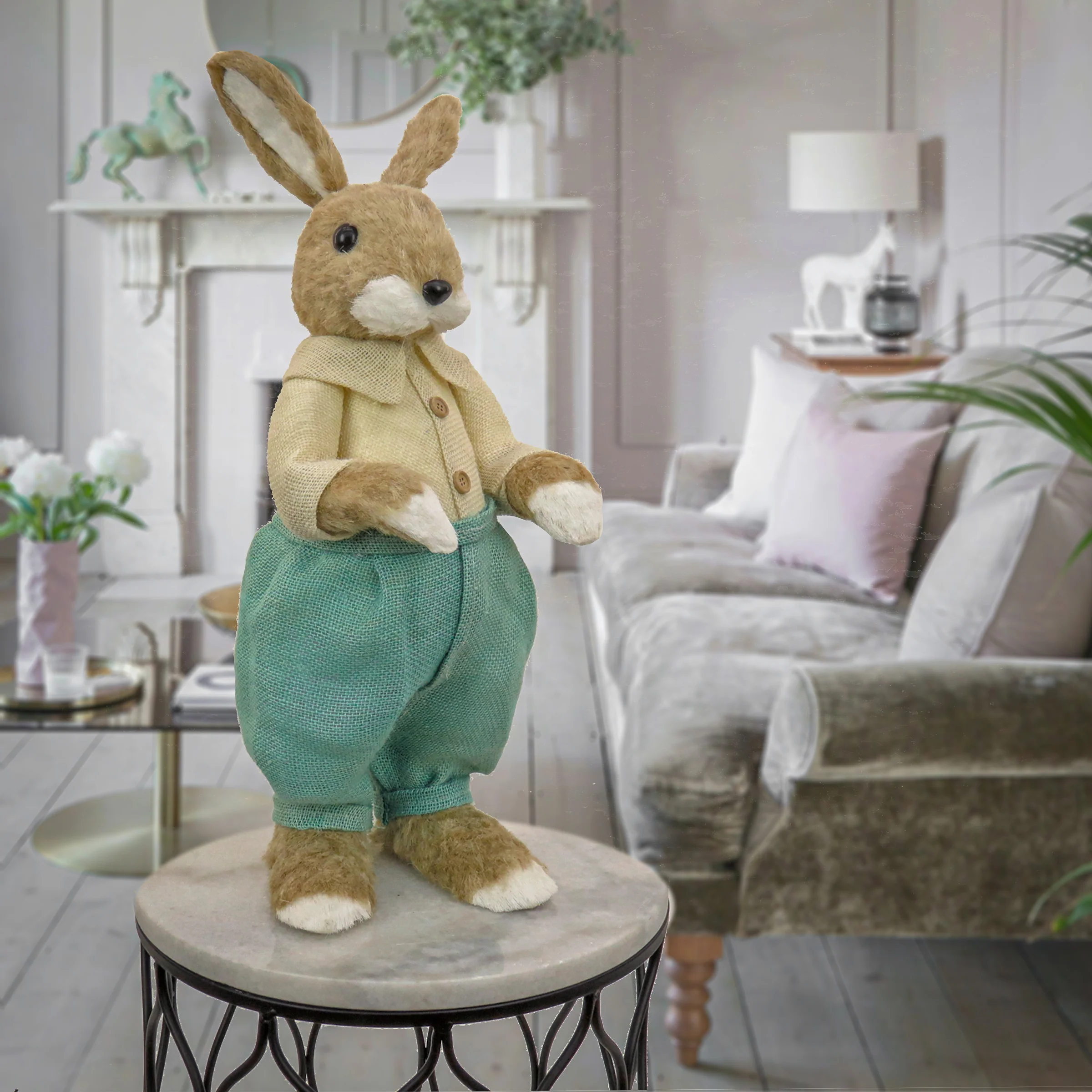 Standing Bunny Table Decoration, Soft Straw with Foam Base, White Shirt and Teal Pants, Easter Collection, 24 Inches - Image 2