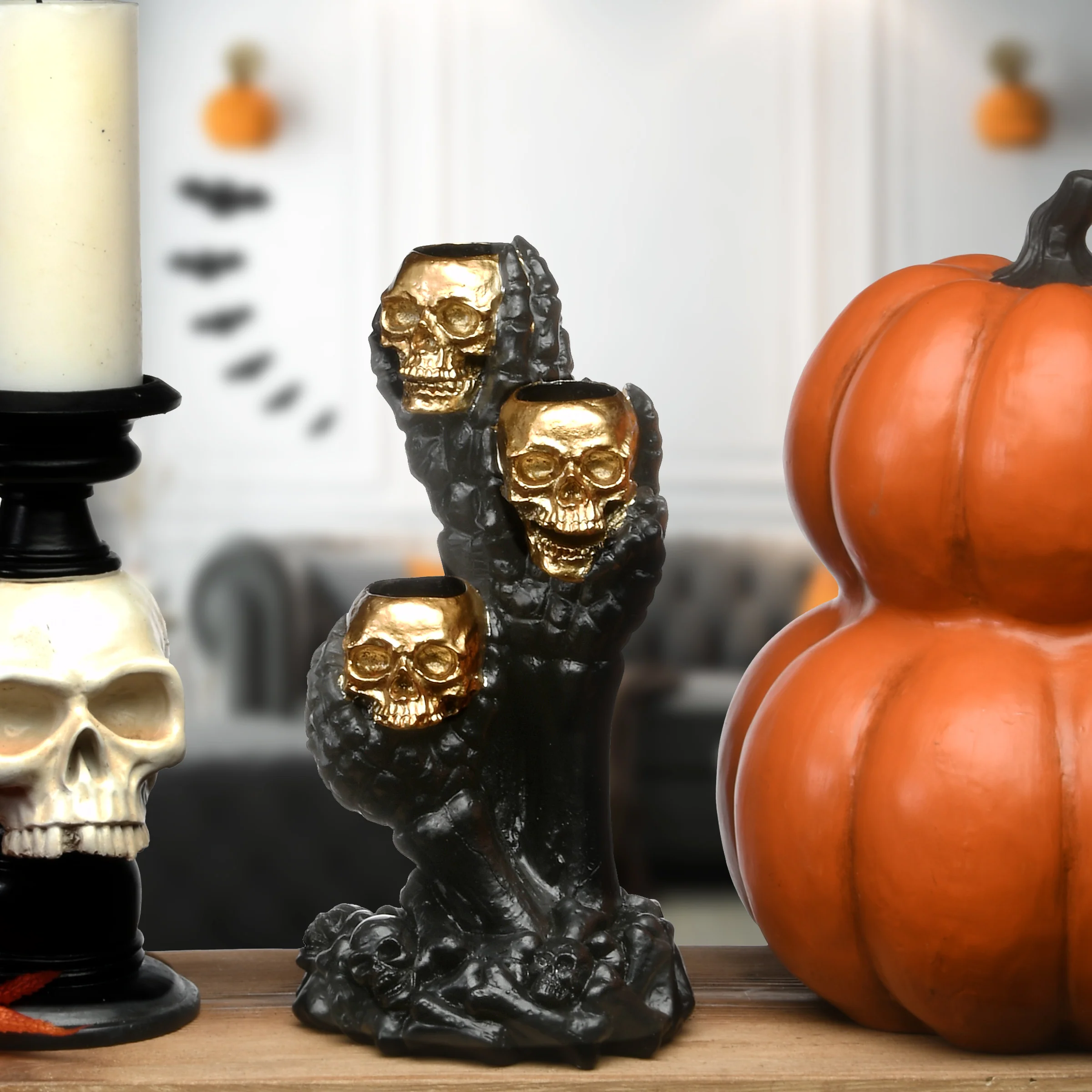 12 in. Halloween Three Skull 3 Candles Holder - Image 2