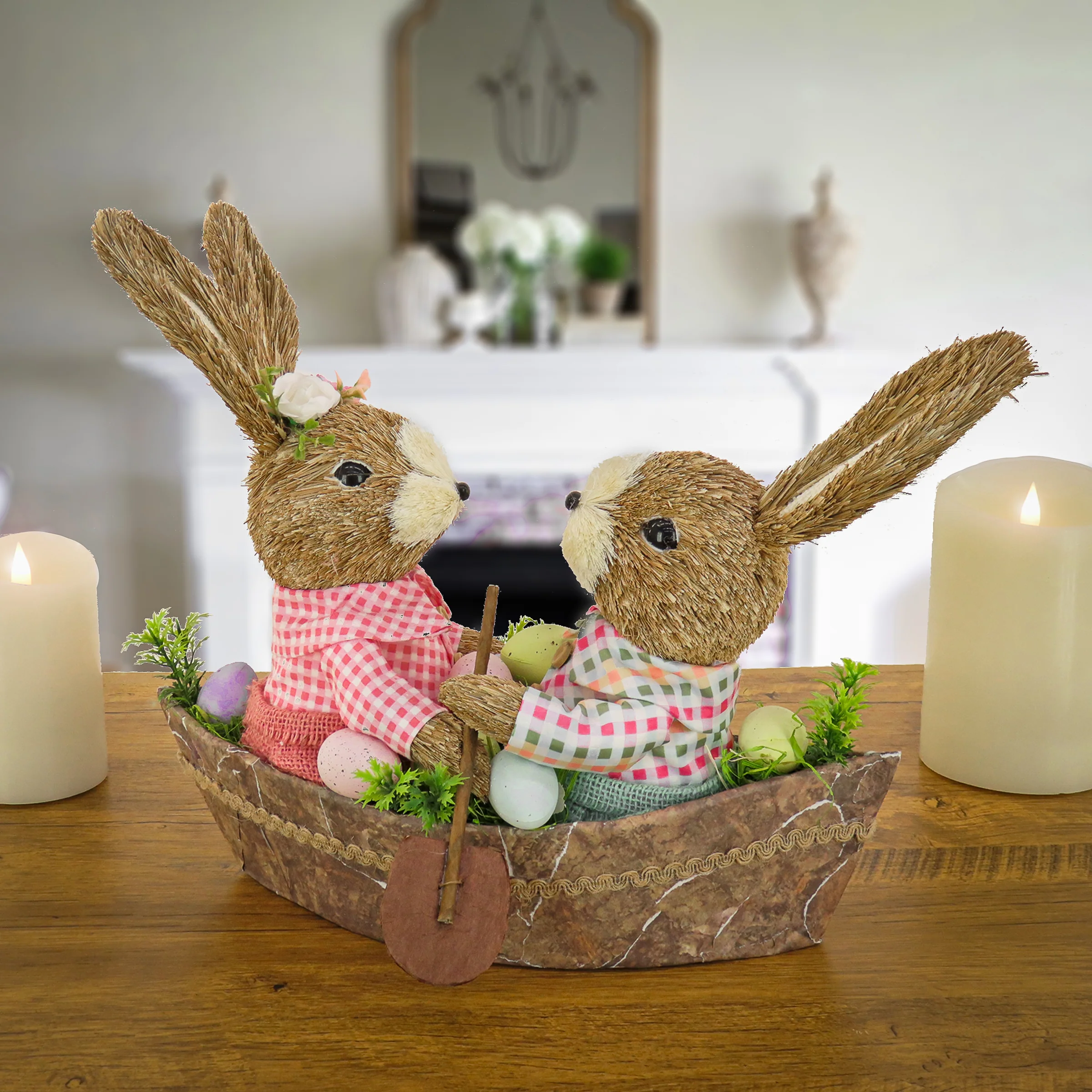 15 in. Easter Two Bunnies in a Boat Table Decoration - Image 2