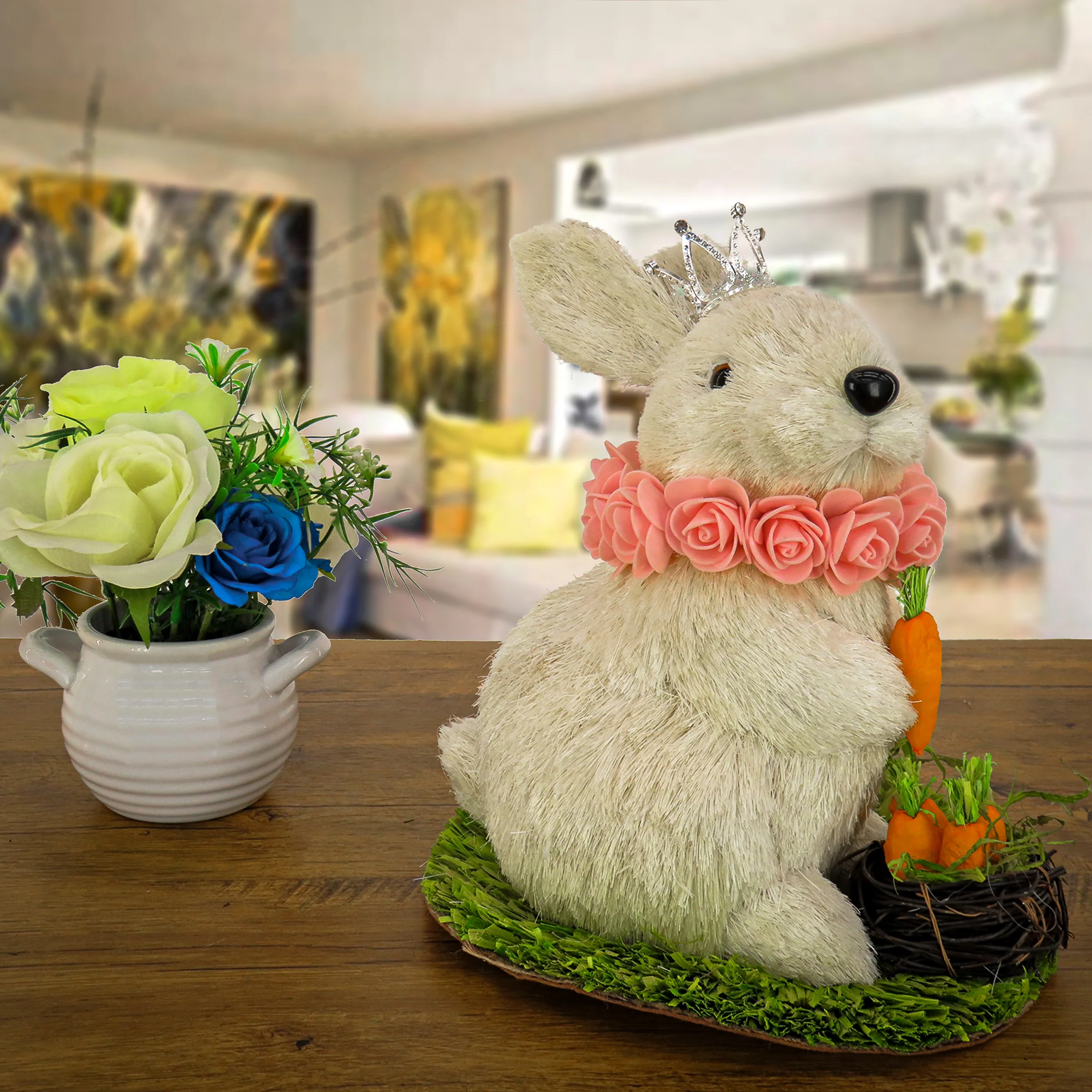 12 in. White Easter Bunny with Crown Holding Carrot Table Decoration - Image 2