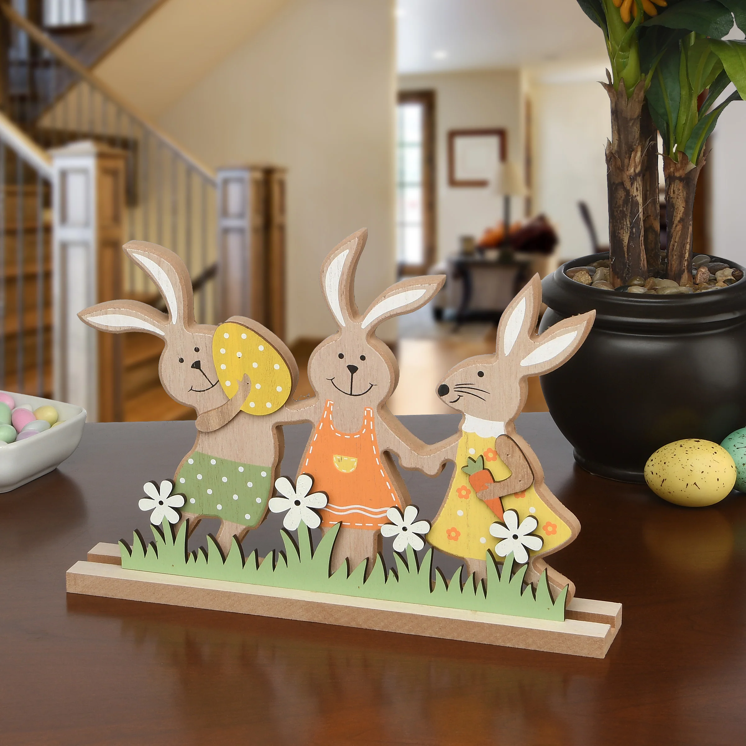 9 in. Wooden Rabbit Trio Table Decoration - Image 2