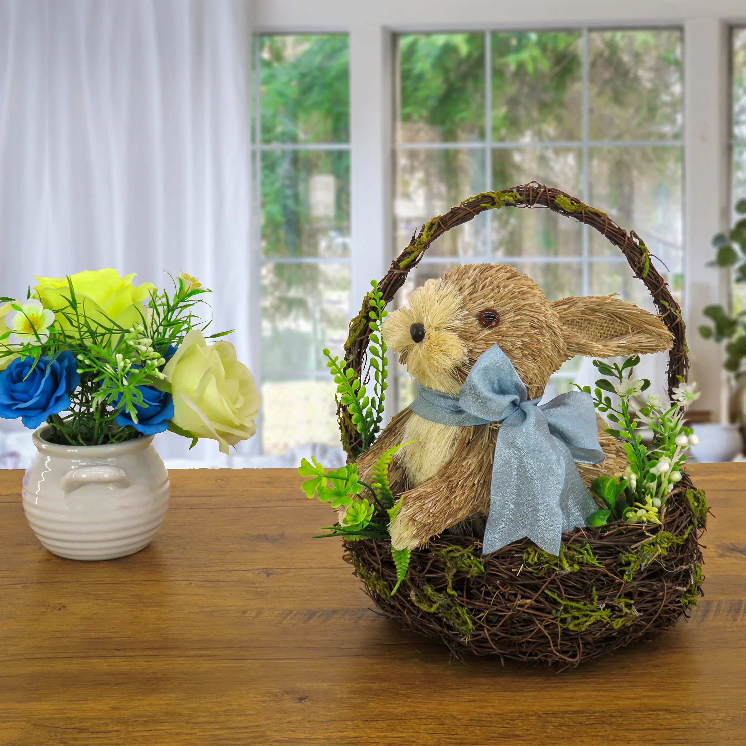 10 in. Easter Bunny with Blue Bow in Floral Basket Table Decoration - Image 2