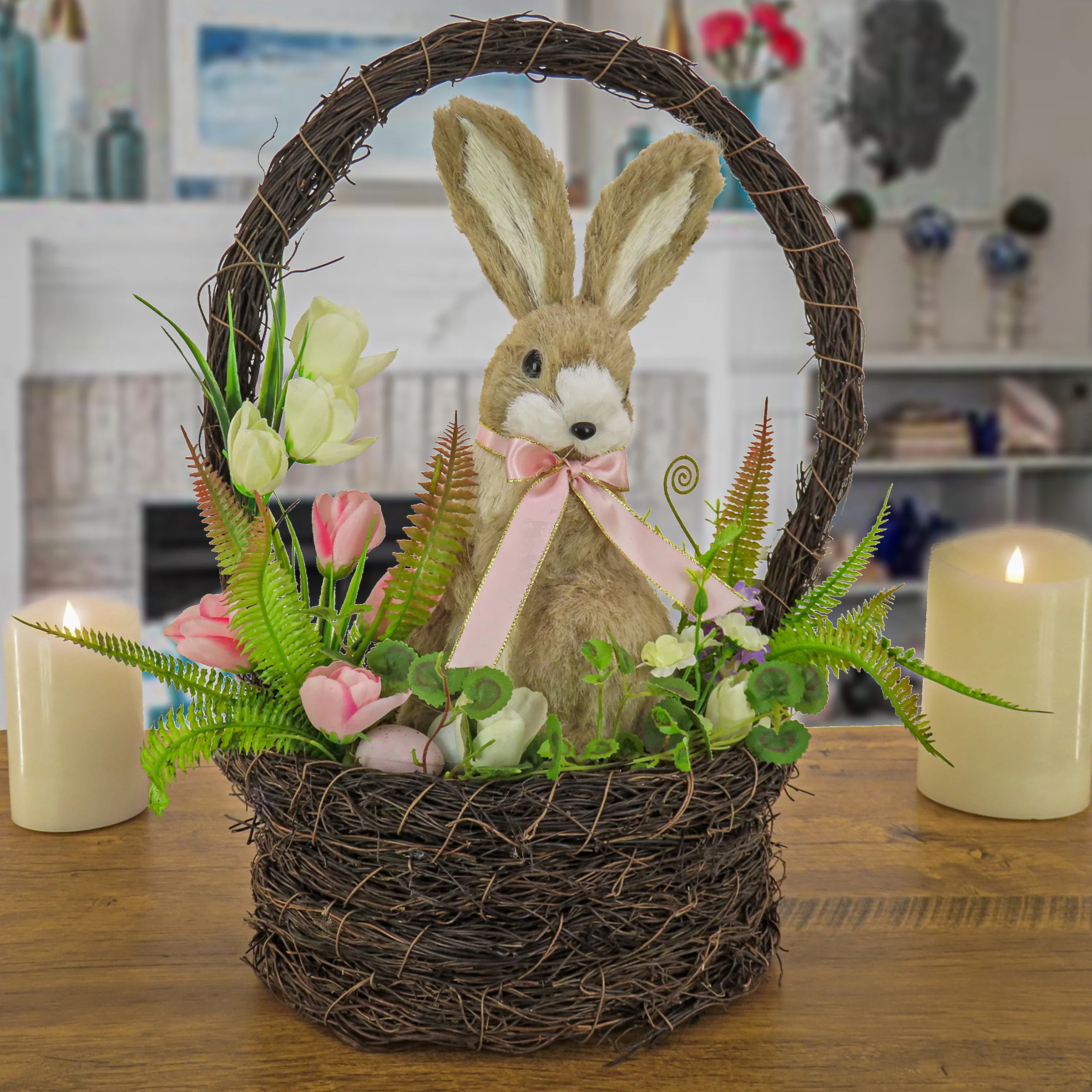 17 in. Easter Bunny Sitting in Basket of Flowers Table Decoration - Image 2