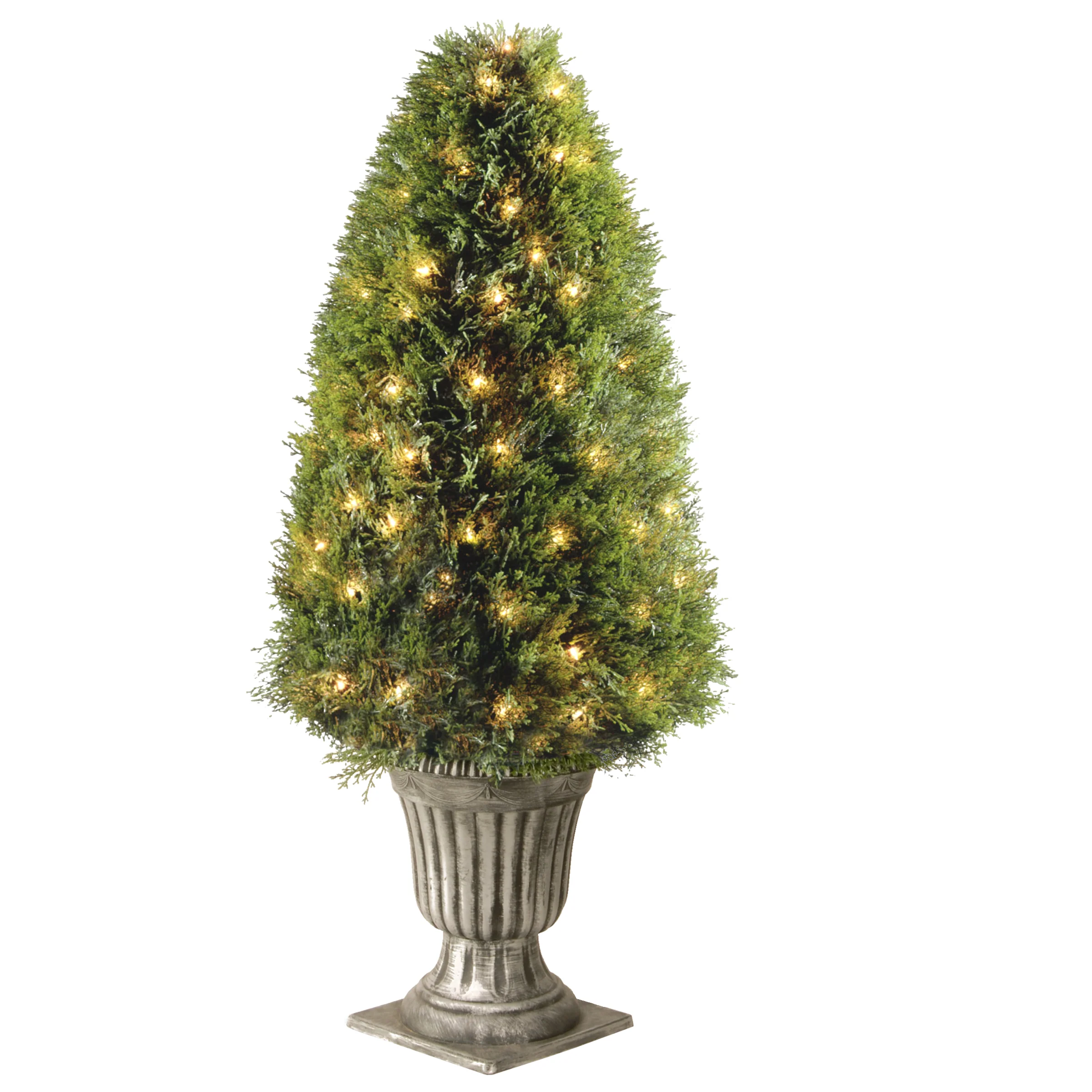 48 in. Pre-Lit Upright Juniper Topiary in a Silver Urn