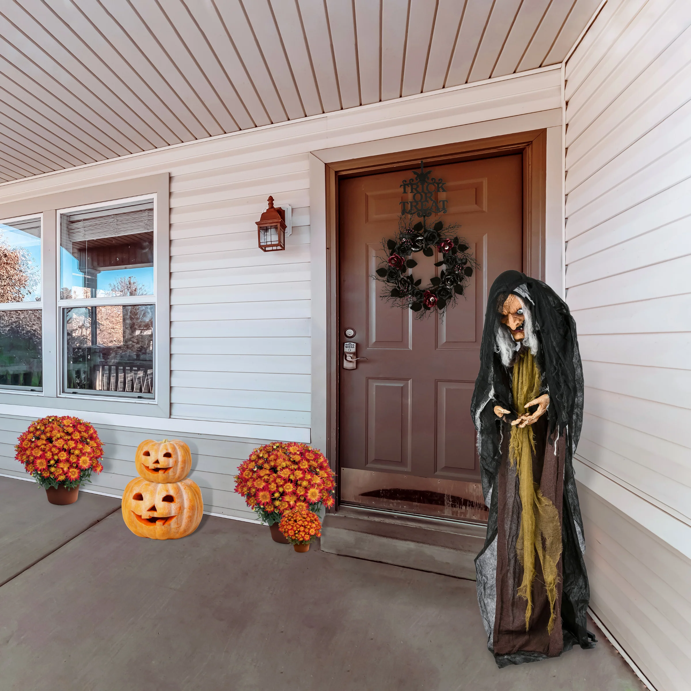 63 in. Halloween Pre-Lit Sound Activated Animated Scary Old Witch with LED Lights - Image 2