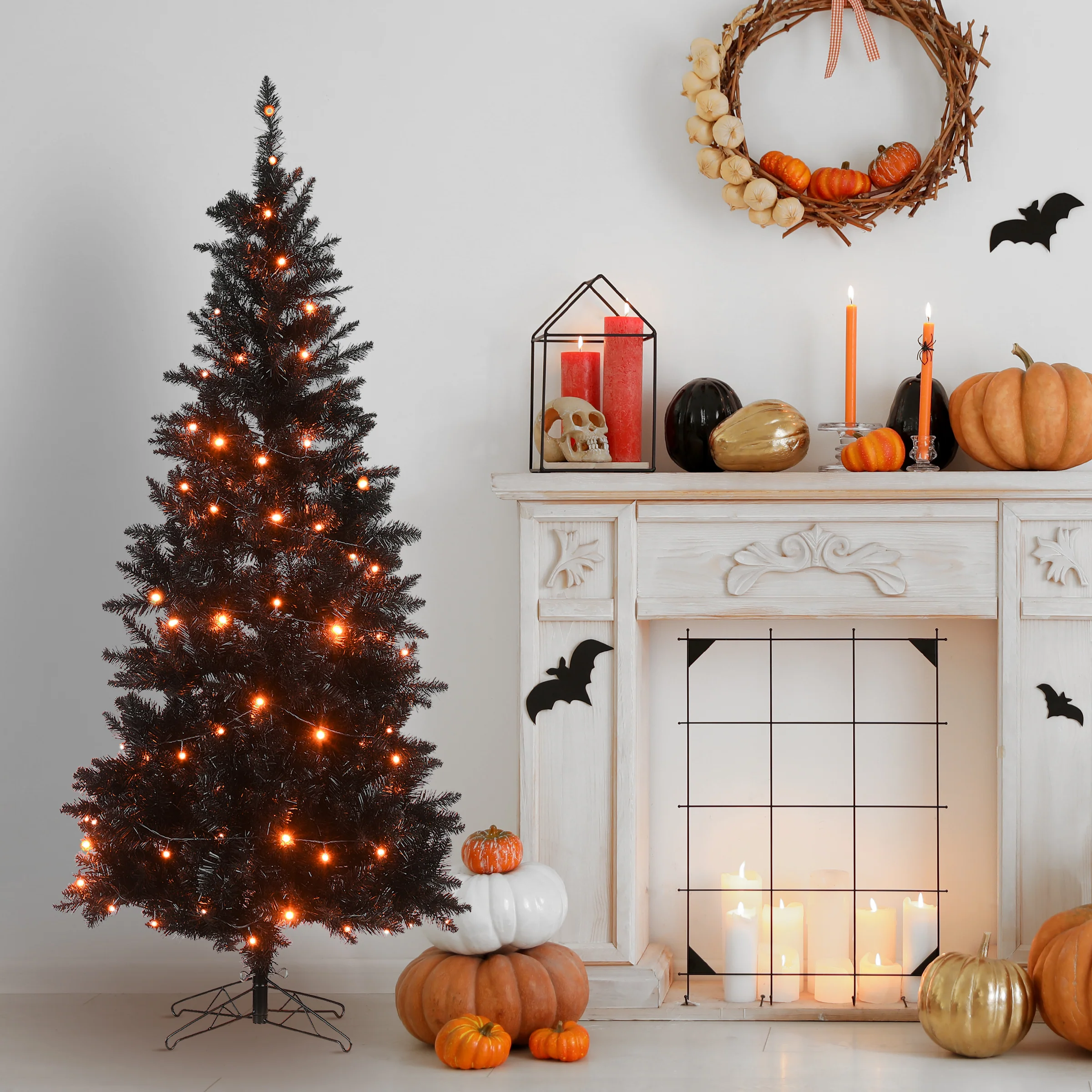 Halloween Artificial Tree, Black, Evergreen, String of Orange LED Lights, Includes Stand, 6 Feet - Image 2