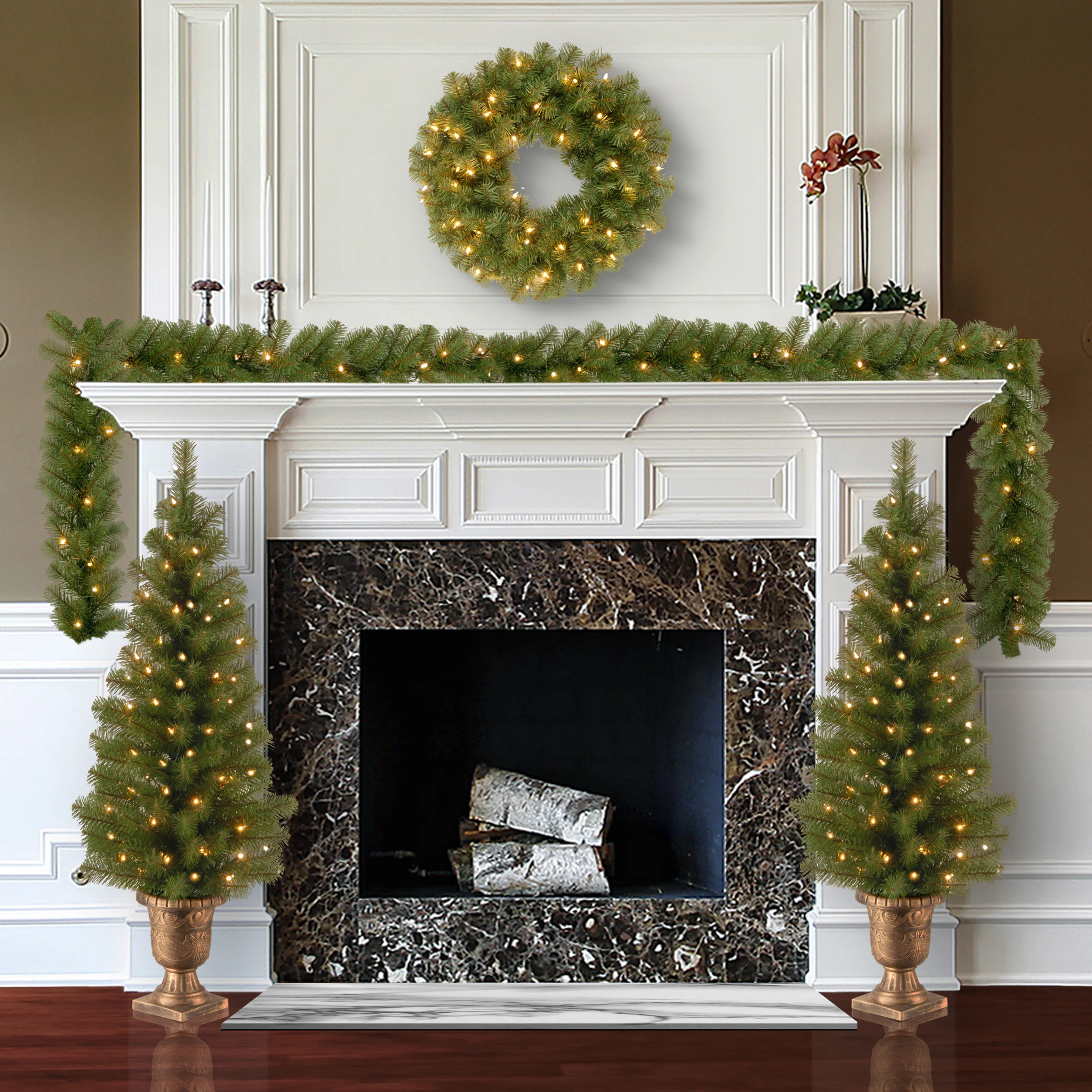 Pre-Lit Evergreen Assortment Set of 2 Entrance Trees, 1 Wreath, 1 Garland - Image 2