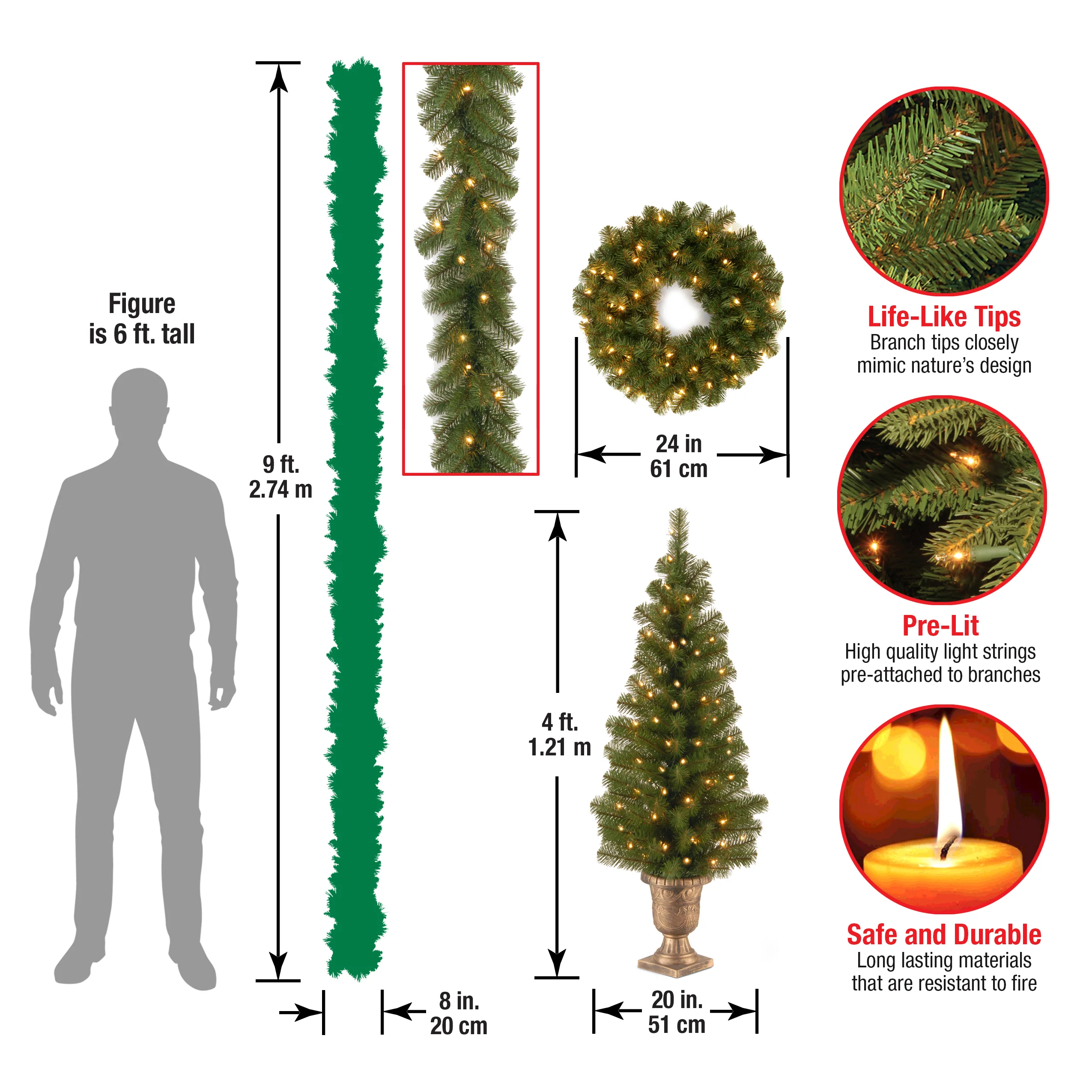 Pre-Lit Evergreen Assortment Set of 2 Entrance Trees, 1 Wreath, 1 Garland - Image 4