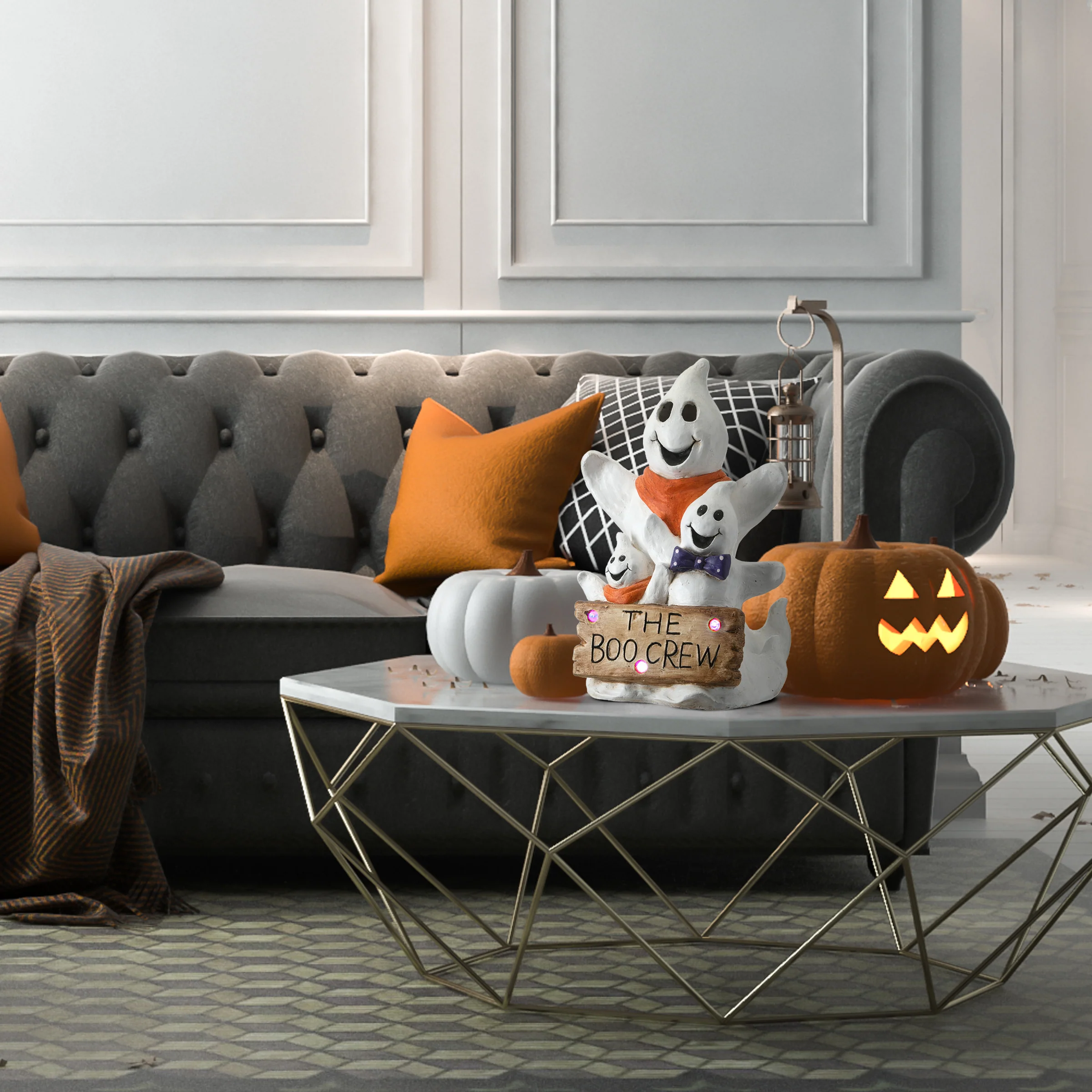 21 in. Halloween Pre-Lit 3 Ghosts with The Boo Crew Sign Table Decoration and Multi Color LED Lights - Image 2
