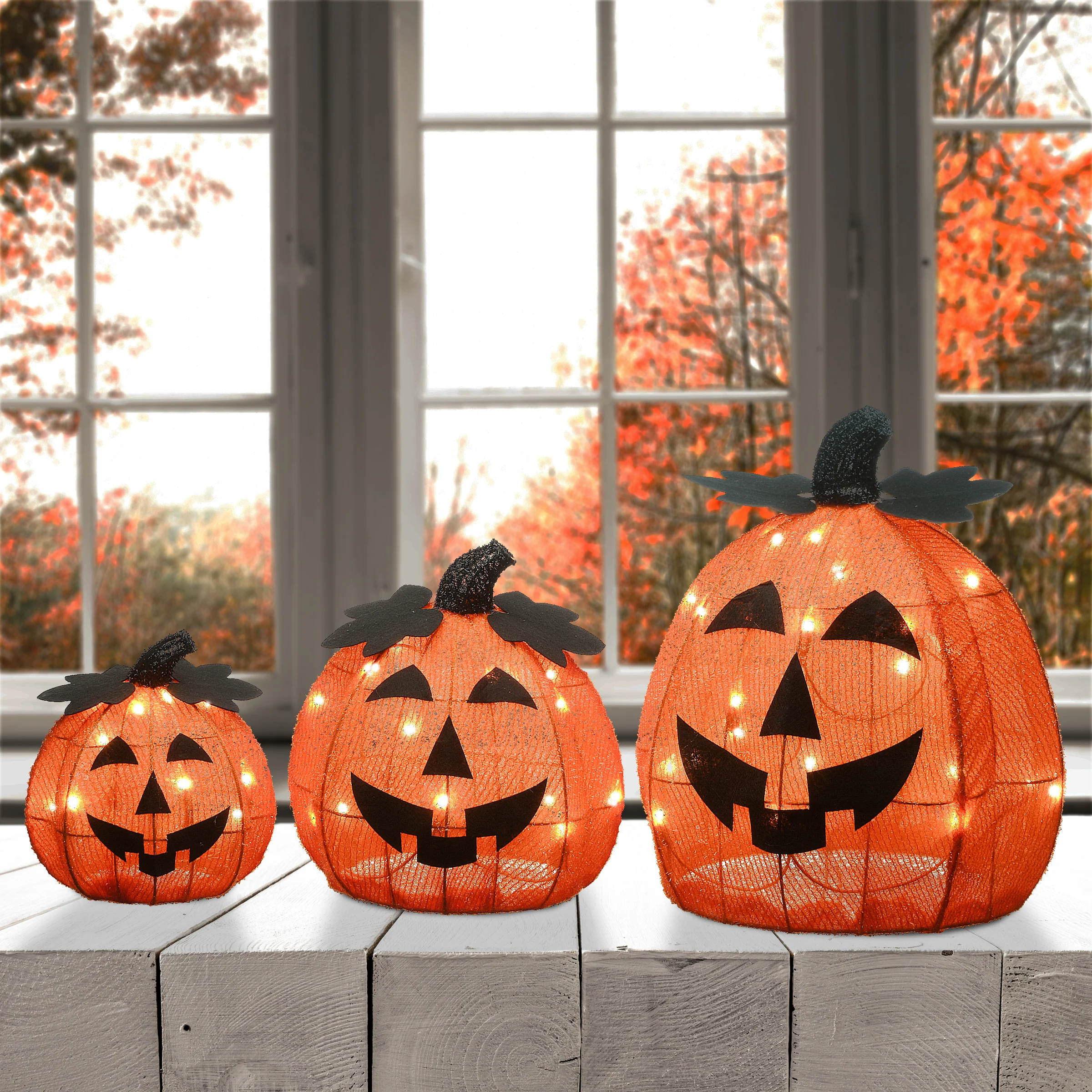 15 in. 3-Piece Halloween Pre-Lit Happy Jack-O-Lantern Trio with LED Lights, Plug-In - Image 2