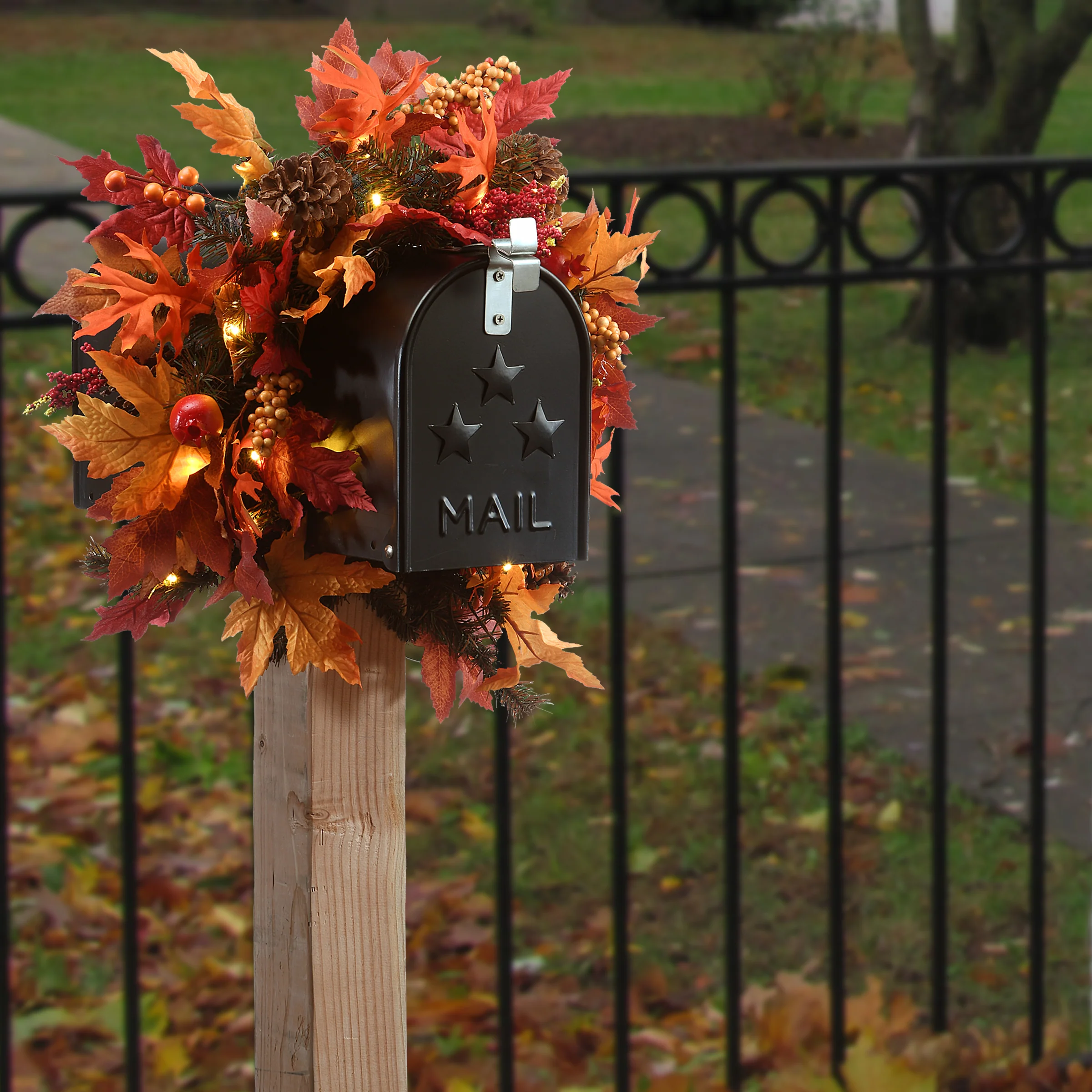 National Tree Company Pre-lit Harvest Mailbox Decoration, Decorated with Pinecones, Berry Clusters, Maple Leaves, LED Lights, Autumn Collection, 36 in - Image 2