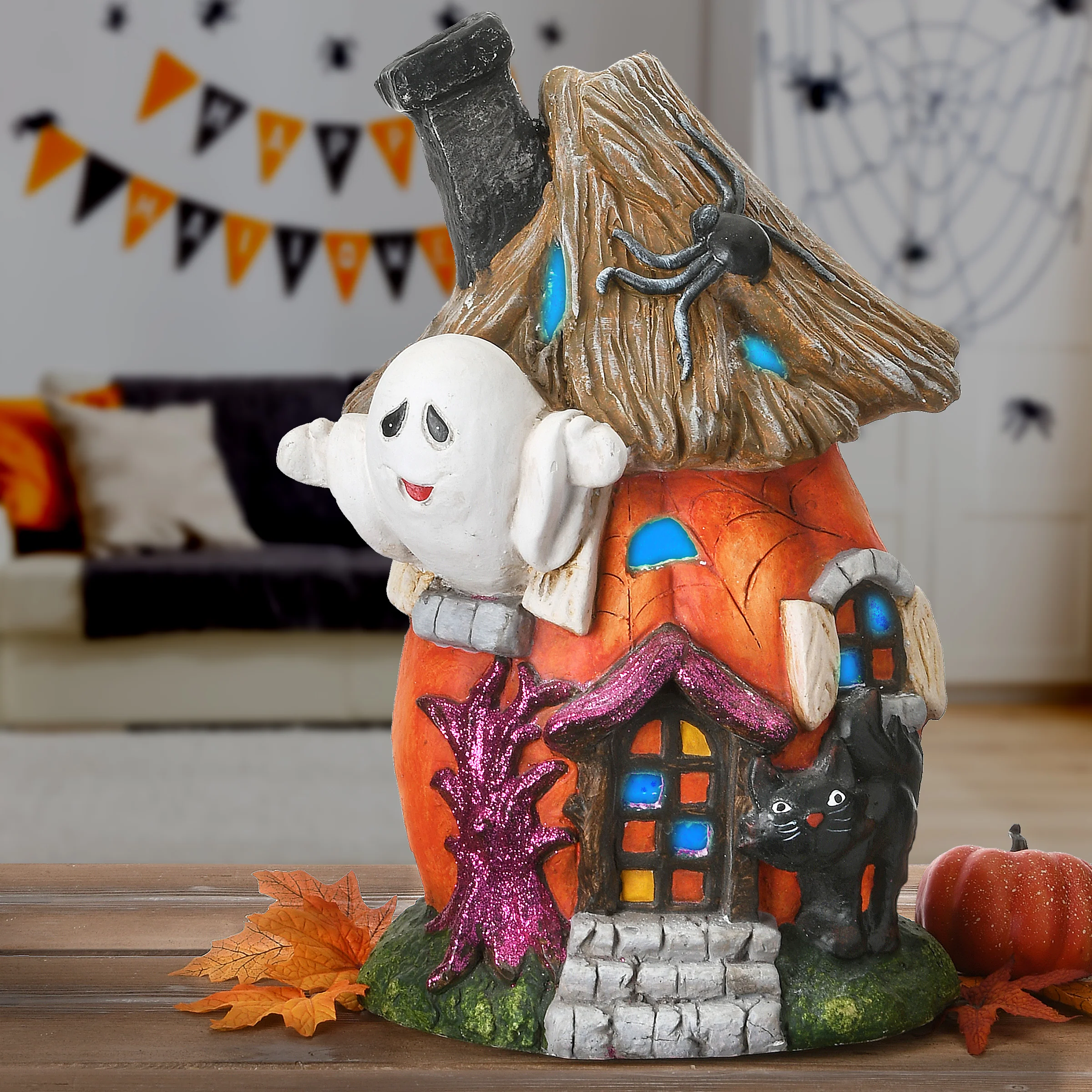 18 in. Halloween Pre-Lit Pumpkin Haunted House Decoration with LED Lights - Image 2