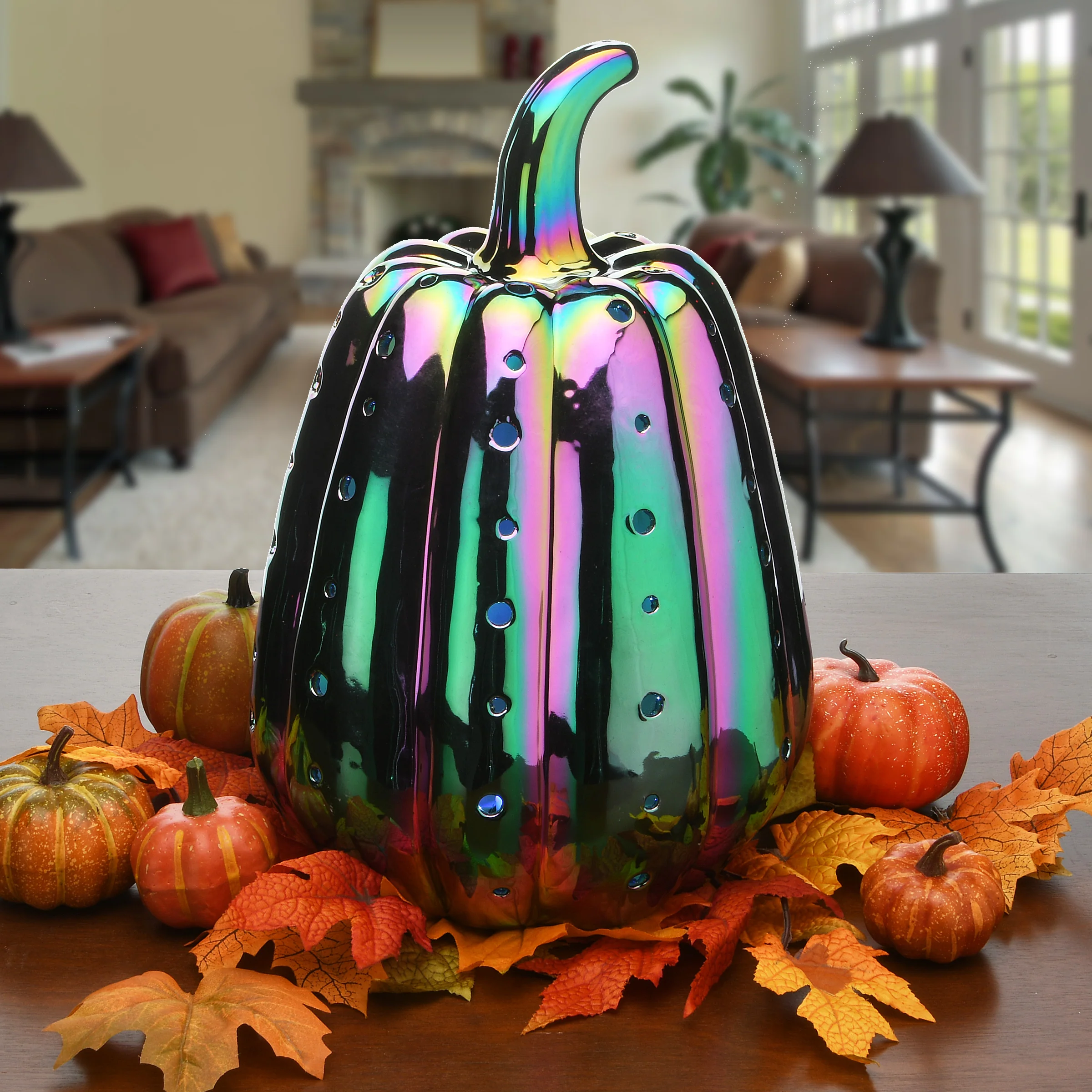 14 in. Halloween Ceramic Iridescent Purple Pumpkin with Multi Color Lights - Image 2