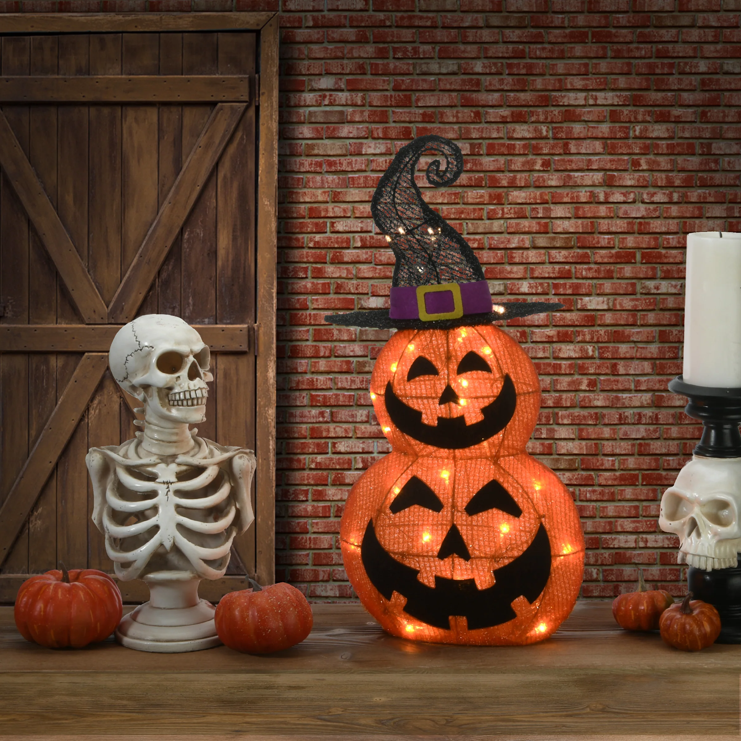 19 in. Halloween Pre-Lit Stacked Pumpkins in Witchs Hat Outdoor Decoration with LED Lights - Image 2
