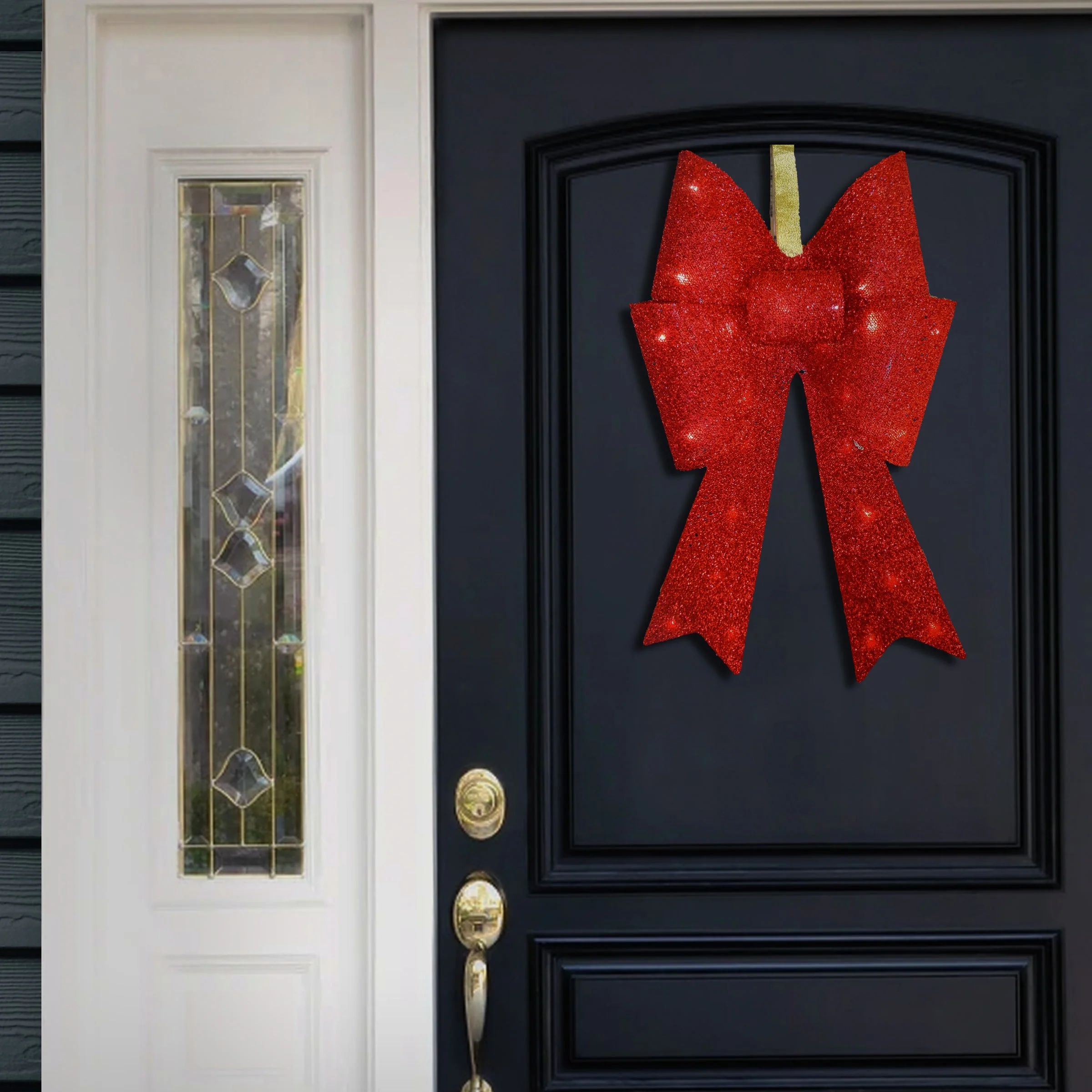 20 in. Pre-Lit Red Fabric Bow with Battery Operated LED Lights - Image 3
