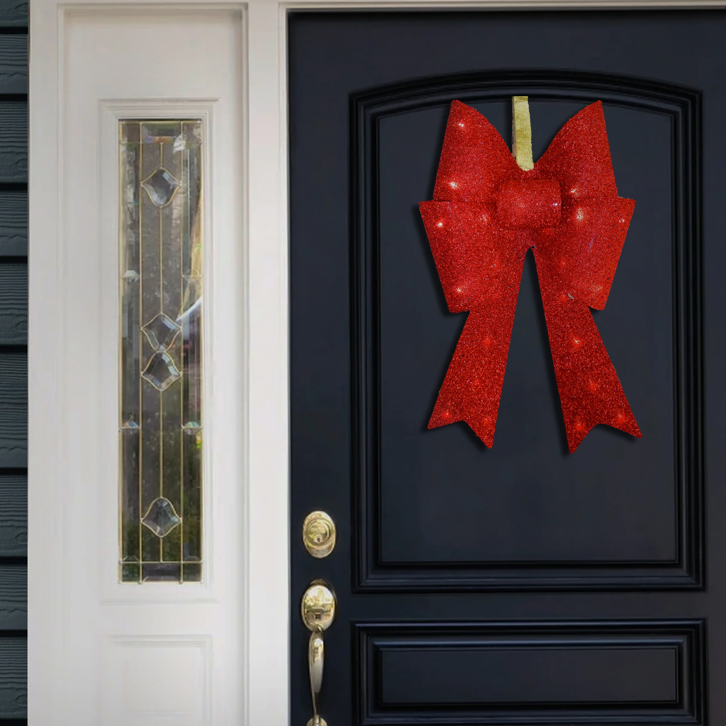 20 in. Pre-Lit Red Fabric Bow with Battery Operated LED Lights - Image 4