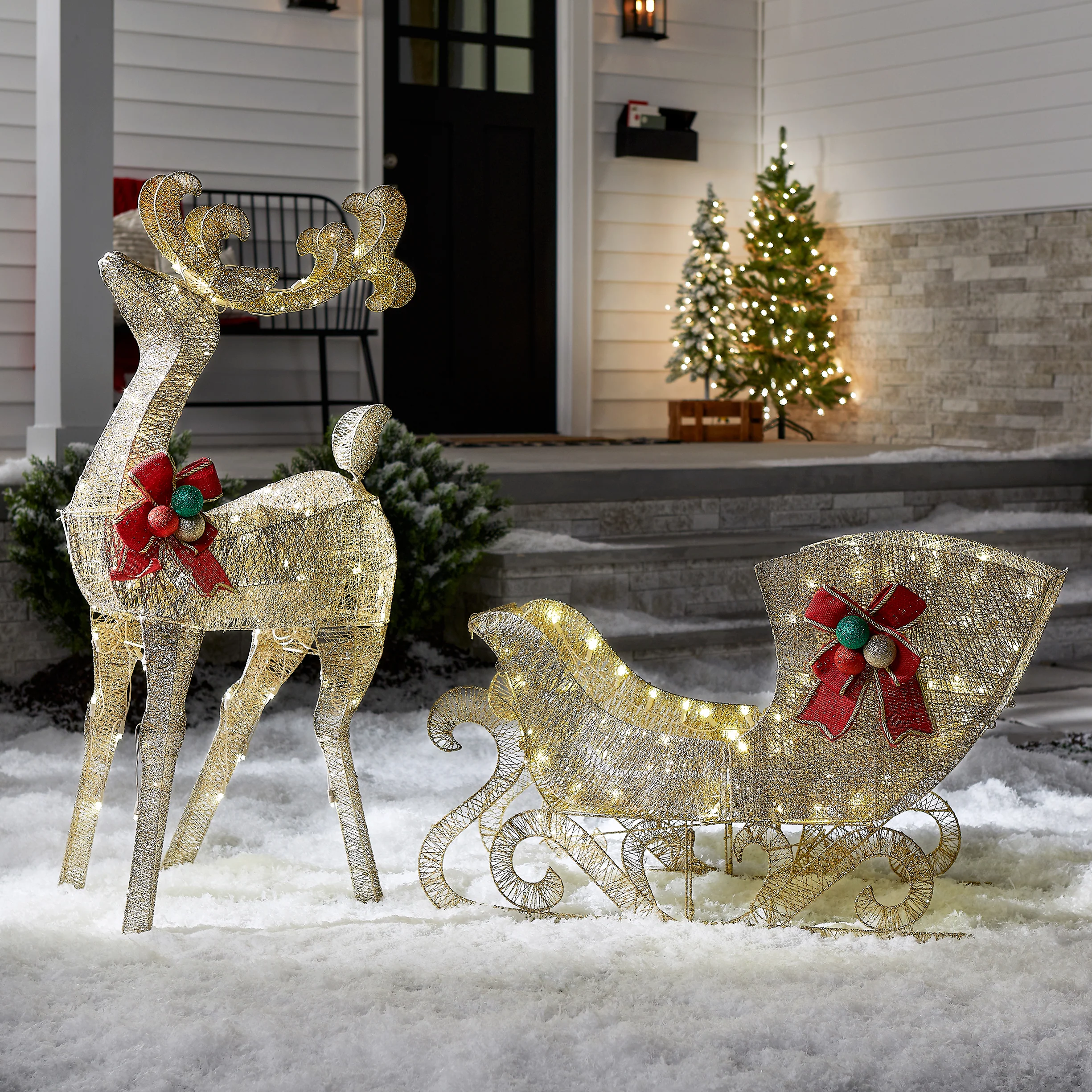 48 in. Champagne Reindeer Pulling 38 in. Sleigh, Plug-In - Image 2